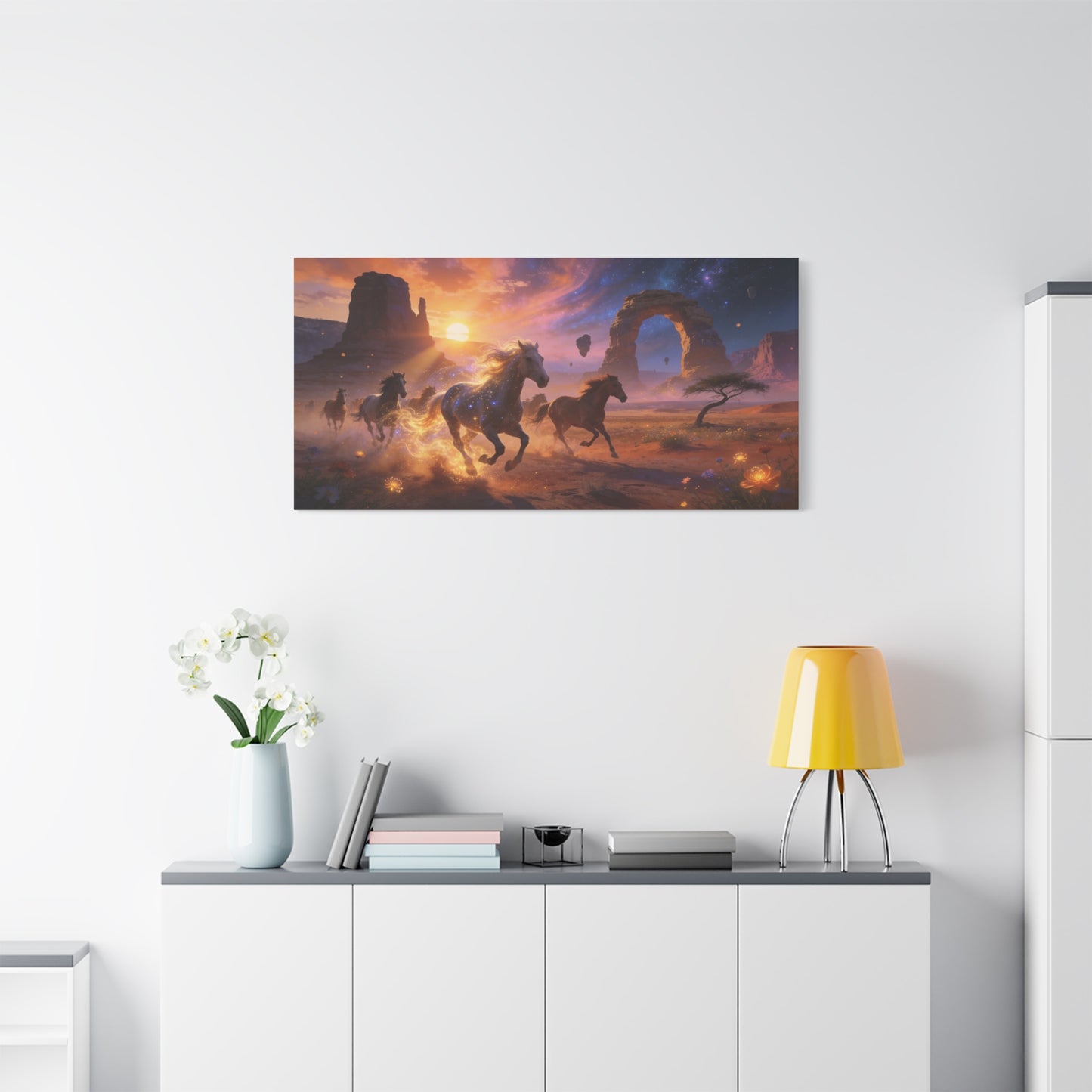 Celestial Wild Horses Canvas Wall Art - Fantasy Desert Arch Sunset, Glowing Galaxy Sky - Matte Cotton Print - Contemporary Landscape Style - Living Room Wall Decor - Bedroom Home Decoration