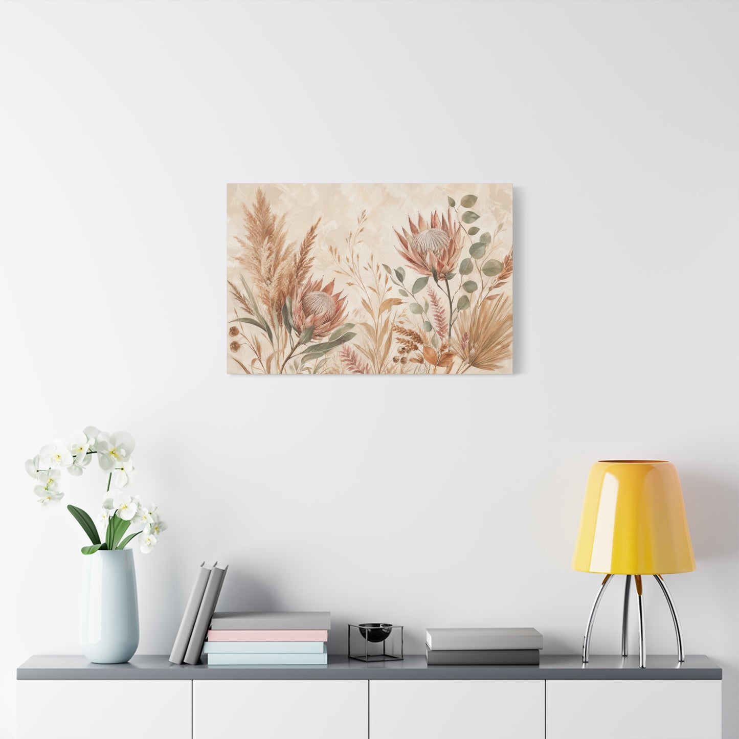 Protea Botanical Canvas Wall Art - Pampas Grass, Eucalyptus Floral Print - Neutral Boho Farmhouse Decor - Beige Sage Nature Painting - Ready to Hang