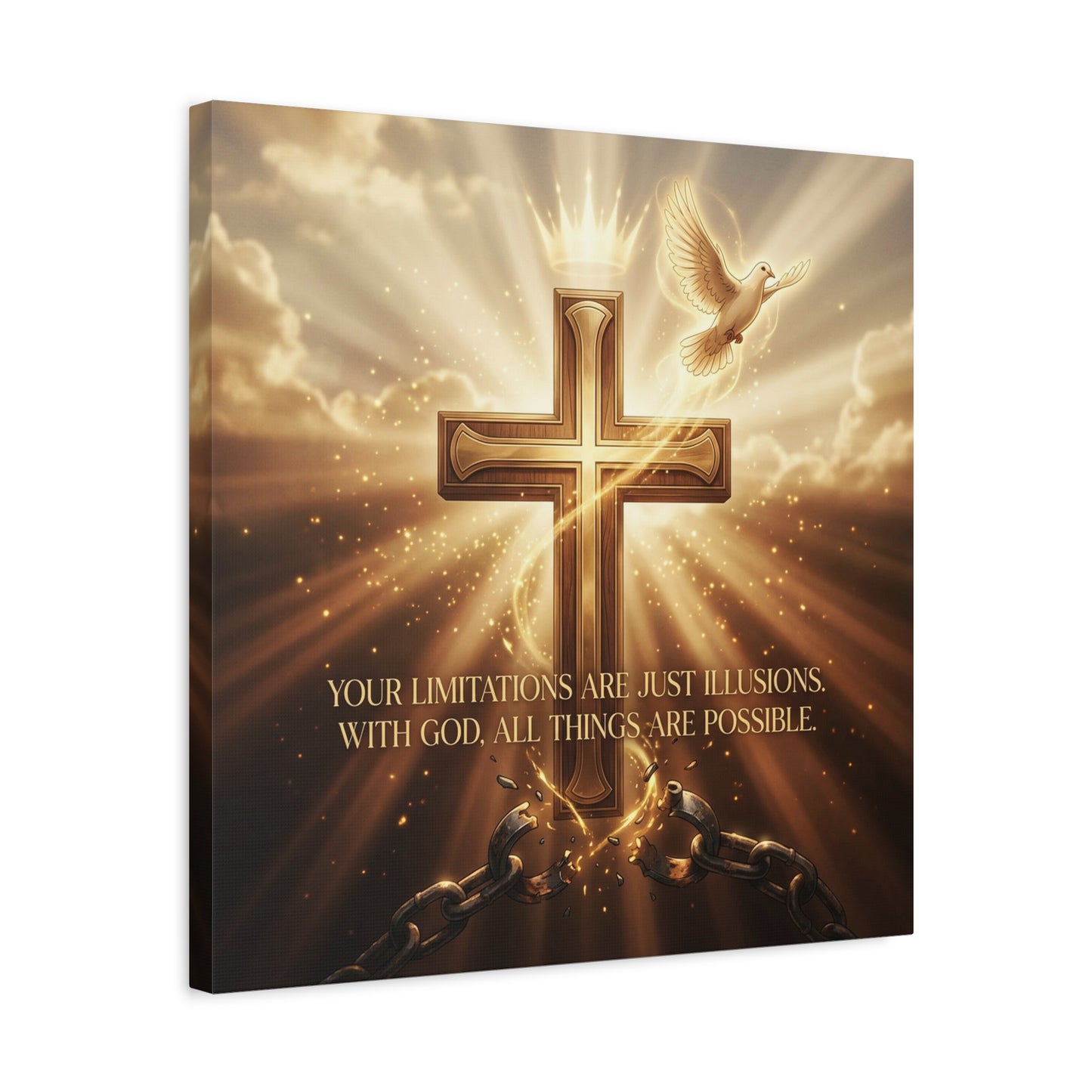"Your Limitations Are Just Illusions. With God, All Things Are Possible." Christian Canvas Wall Art - Glowing Cross, White Dove, Crown, Broken Chains - Gold Religious Wall Decor For Living Room