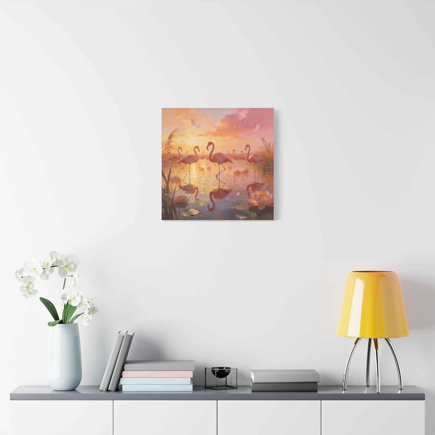 Pink Flamingo Canvas Wall Art - Sunset Wetland Birds, Lotus Pond Reflections - Dreamy Tropical Illustration, Matte Canvas Print - Living Room Wall Decor, Bedroom Home Decoration - Ready to Hang