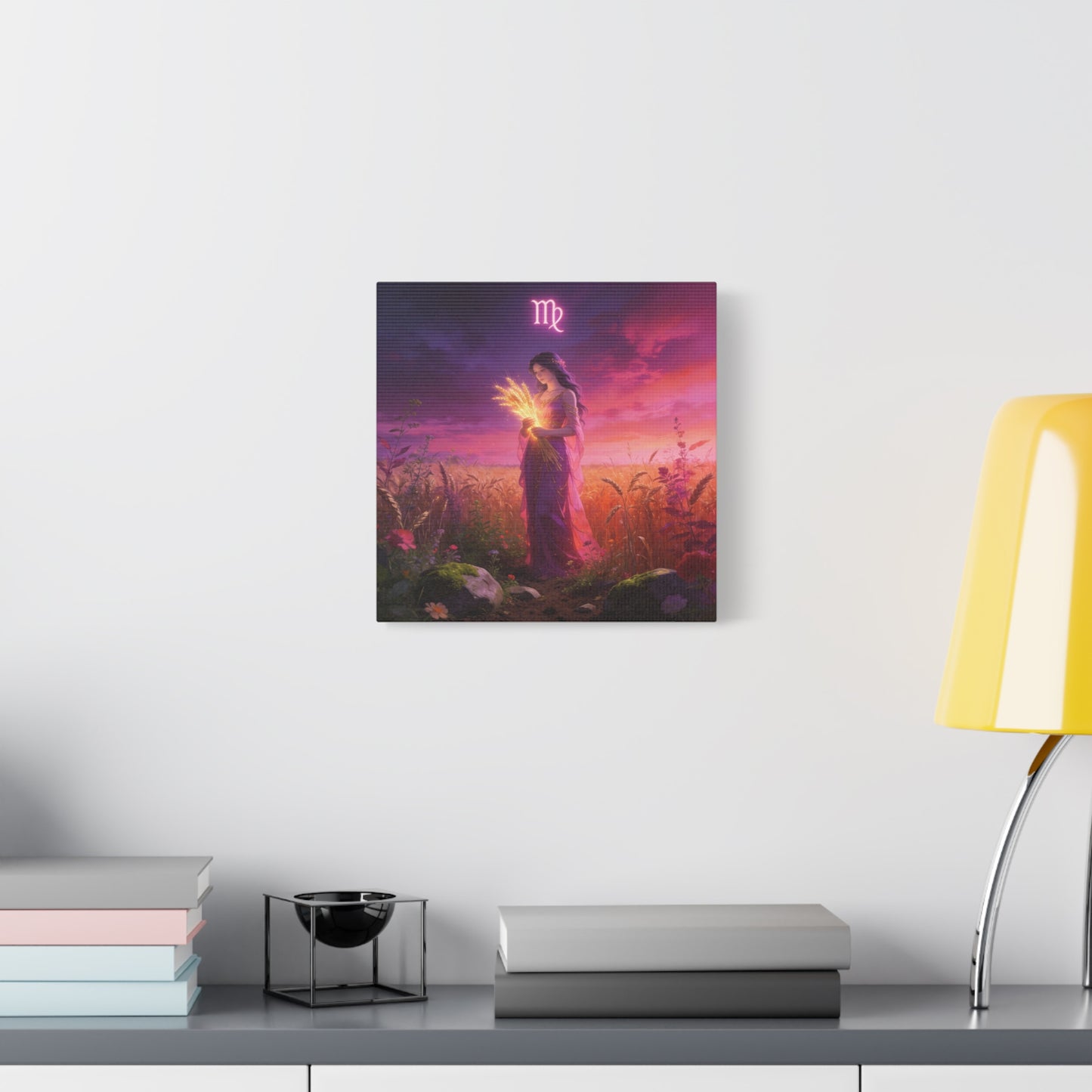 Virgo Zodiac Canvas Wall Art - Maiden Holding Glowing Wheat, Purple Twilight Field - Fantasy Illustration, Matte Canvas Print - Bedroom Wall Decor, Meditation Space Accent - Bedroom Home Decoration