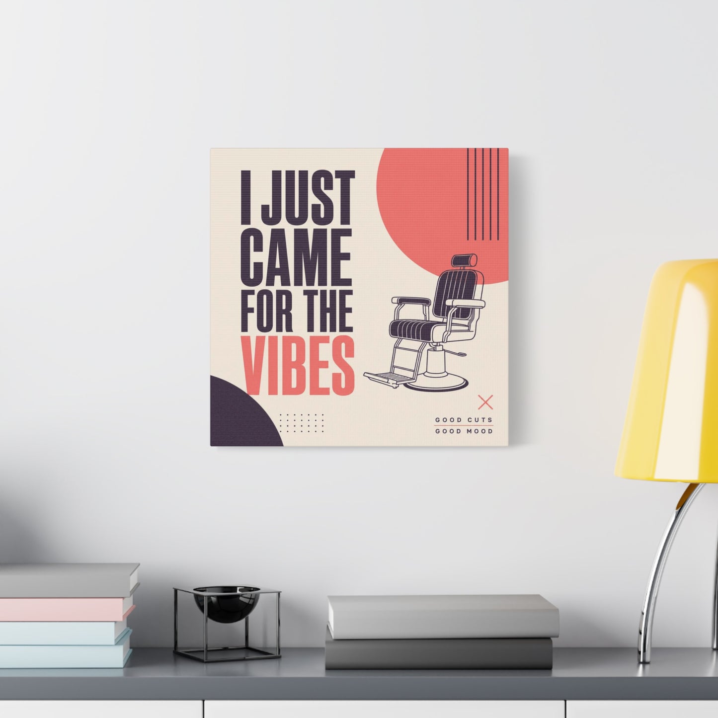 "I Just Came For The Vibes" Typography Canvas Wall Art - Barber Chair Line Illustration, Coral And Black Modern Salon Wall Decor - Minimalist Quote Print For Barbershop Lobby Workspace - Ready to Hang