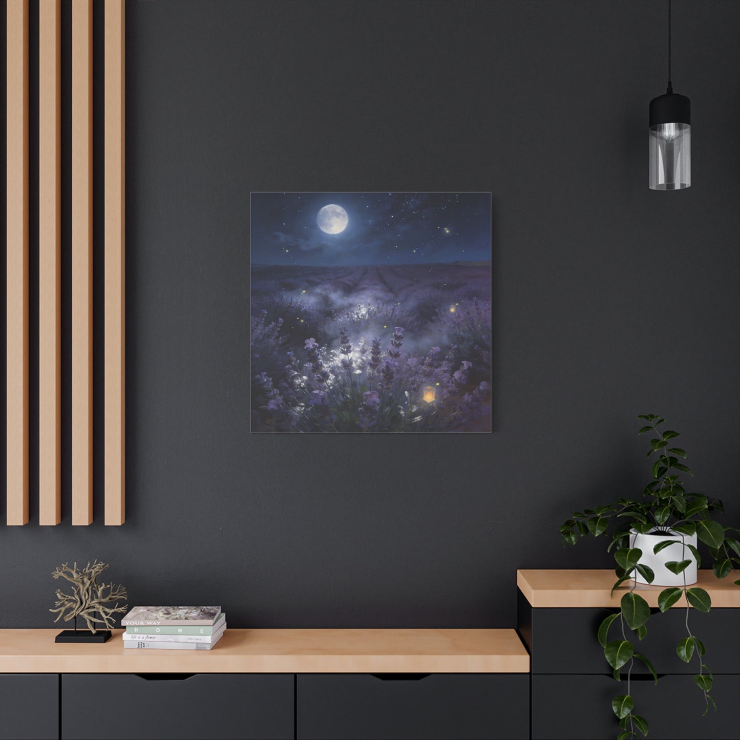 Moonlit Lavender Field Canvas Wall Art - Firefly Night Landscape, capiz shells wall decor - Matte Cotton Art Print, Calming Traditional Style - Bedroom Home Decoration, Office Wall Art - Ready to Hang