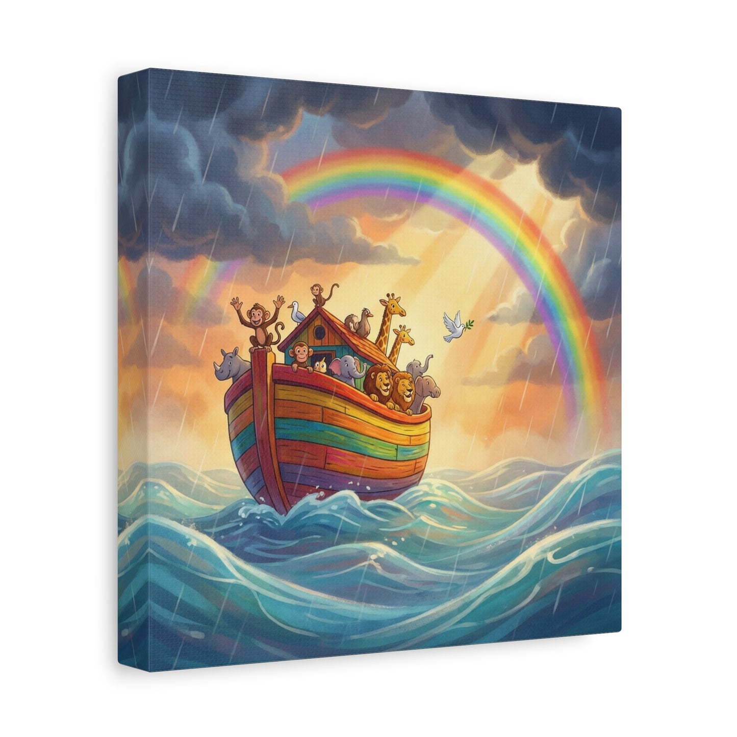 Noahs Ark Canvas Wall Art - Rainbow Animal Boat Nursery Decor - Cotton Canvas Print, Kids Bedroom Home Decoration, Playroom Wall Hanging, Biblical Story Illustration, Classroom Accent - Ready to Hang