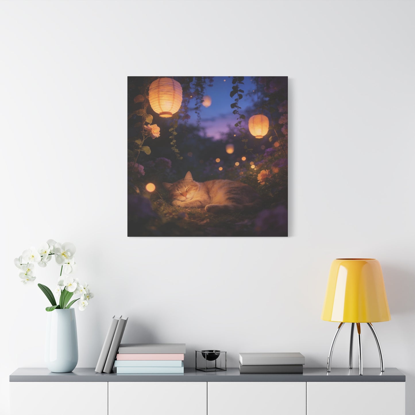 Sleeping Cat Canvas Wall Art - Lantern Lit Garden Night Scene, Dreamy Floral Canvas Print - Calming Cottagecore Style, Bedroom Wall Decor, Living Room Home Decoration - Bedroom Home Decoration