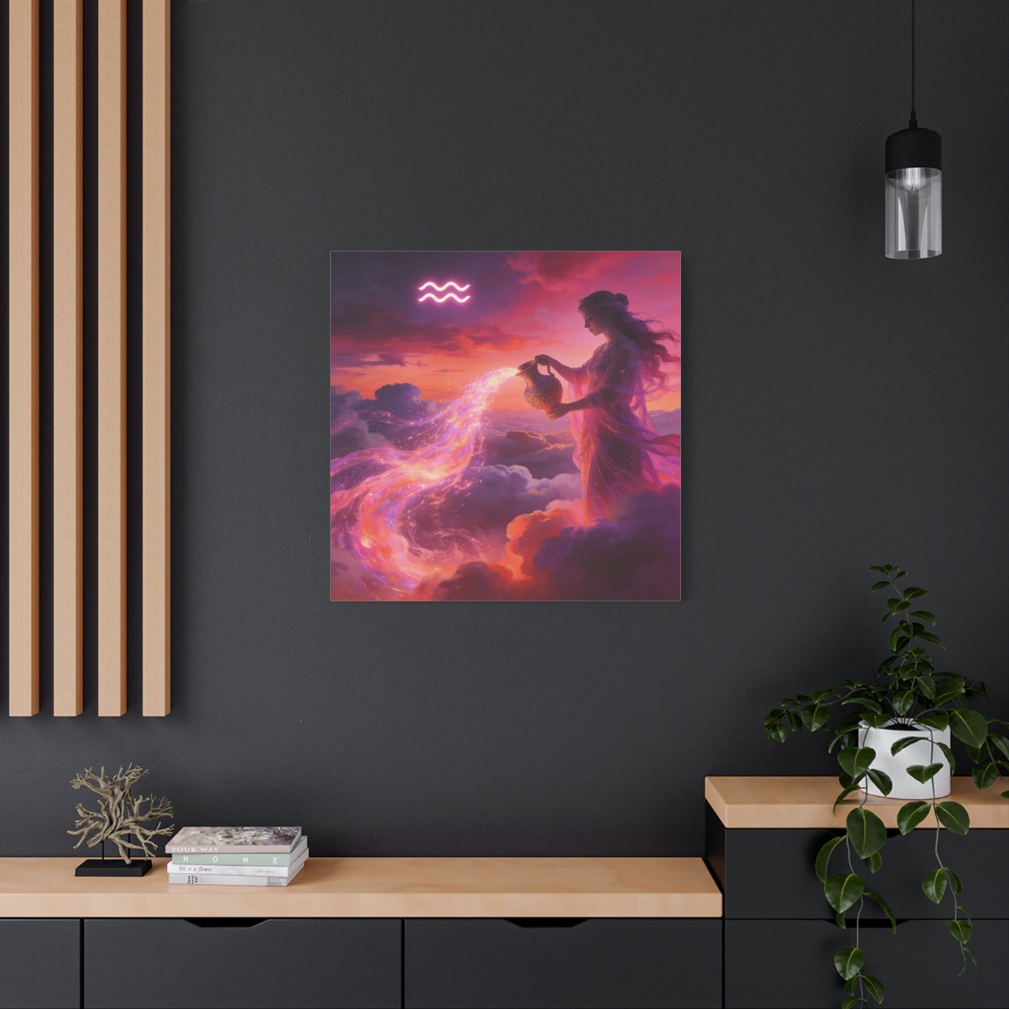 Aquarius Goddess Canvas Wall Art - Zodiac Woman Pouring Celestial Water, Fantasy Sky Illustration - Pink Purple Matte Canvas Print - Bedroom Wall Decor, Bohemian Home Accent - Bedroom Home Decoration