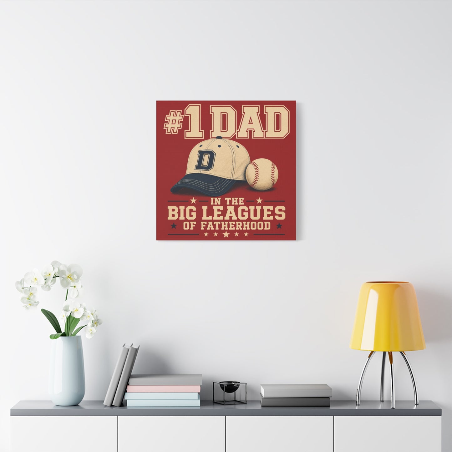 "#1 Dad In The Big Leagues Of Fatherhood" Baseball Canvas Wall Art - Vintage Sports Typography, Cap And Ball Illustration - Rustic Americana Style - Living Room Wall Decor - Bedroom Home Decoration