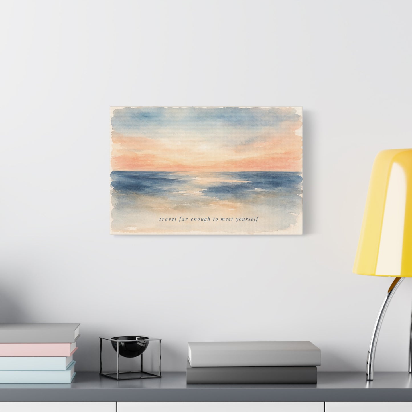 "Travel Far Enough To Meet Yourself" Coastal Canvas Wall Art - Watercolor Ocean Sunset Quote Print - Serene Beach Seascape Decor - Bedroom Living Room Wall Decor - Bedroom Home Decoration