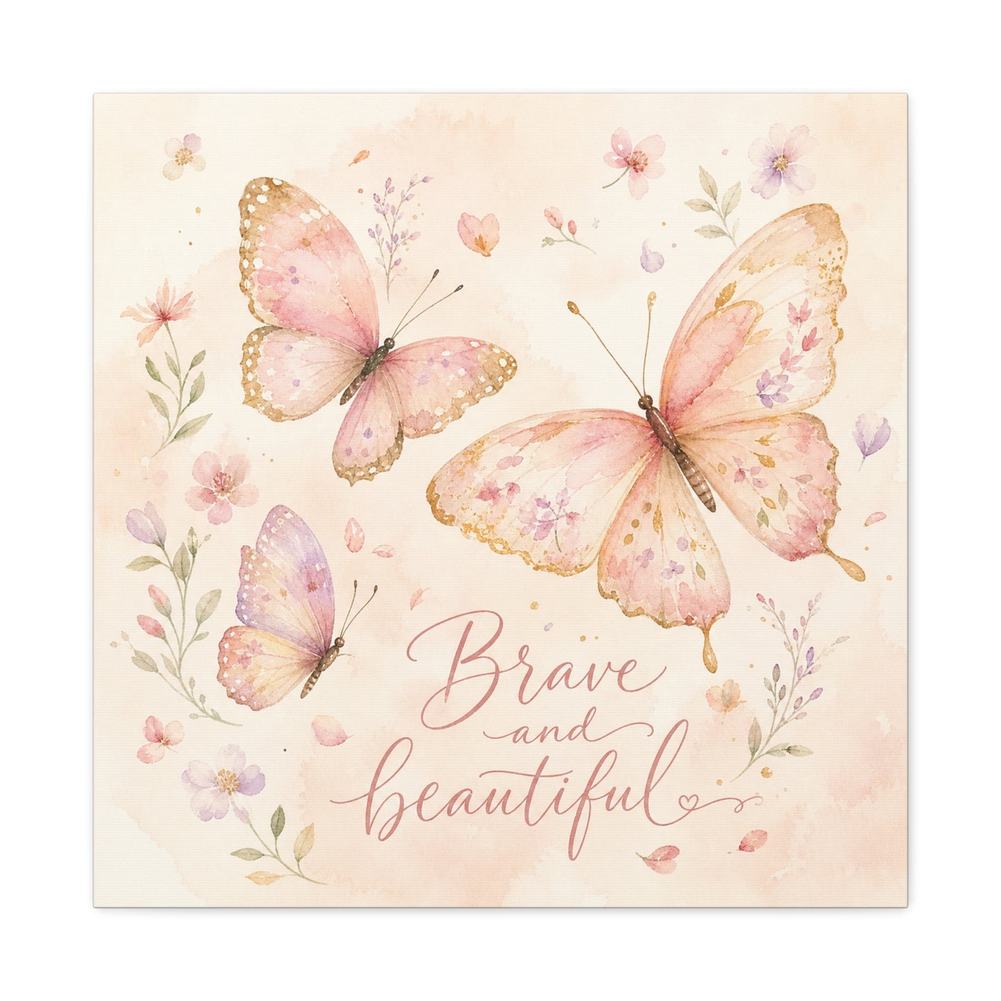 "Brave And Beautiful" Butterfly Canvas Wall Art - Pink Floral Watercolor Quote Print - Inspirational Girls Bedroom Decor - Nursery Wall Hanging - Bedroom Home Decoration - Modern Farmhouse Style