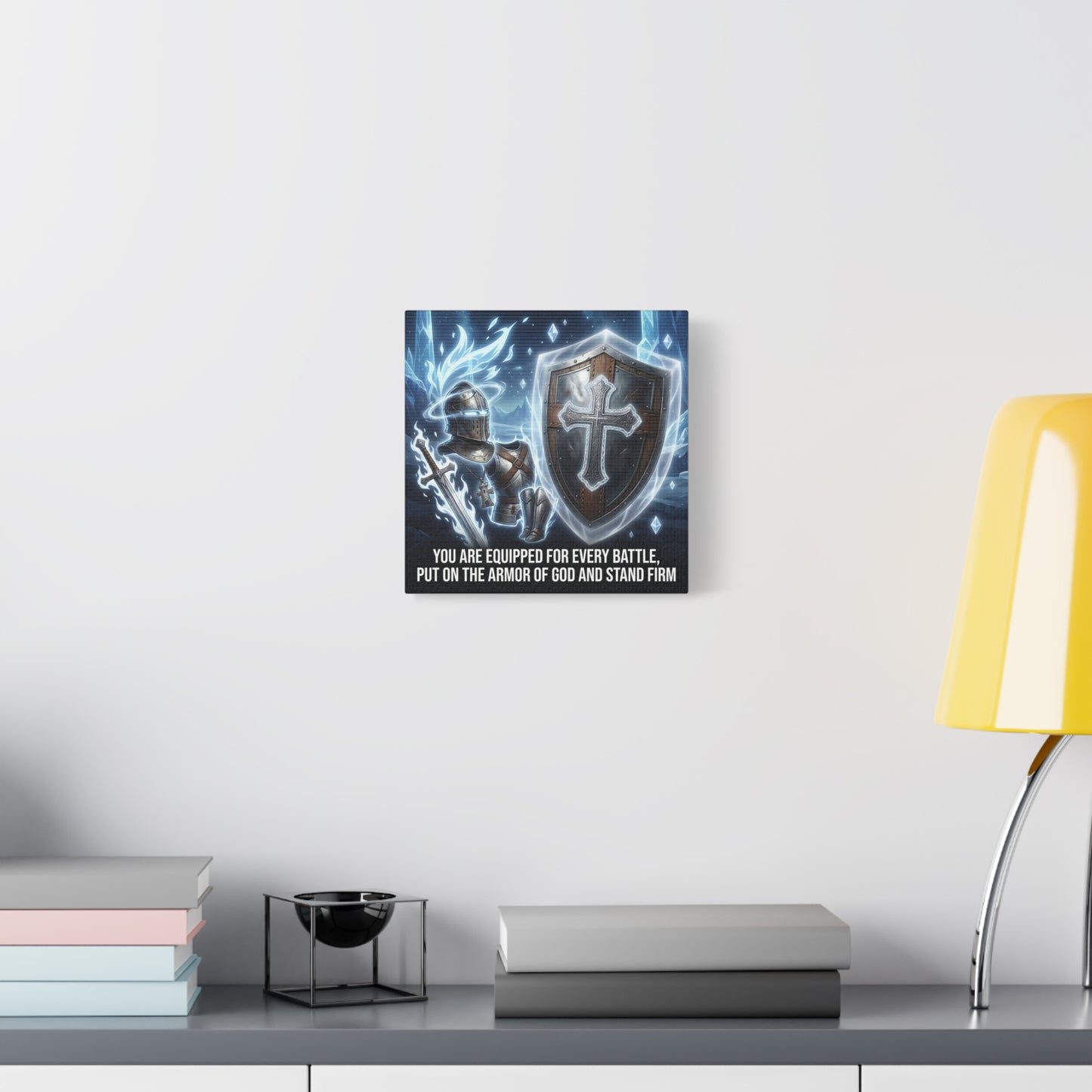 "You Are Equipped For Every Battle, Put On The Armor Of God And Stand Firm" Christian Canvas Wall Art - Knight Armor, Cross Shield, Scripture Decor - Blue Fantasy Style - Living Room - Office Wall Art