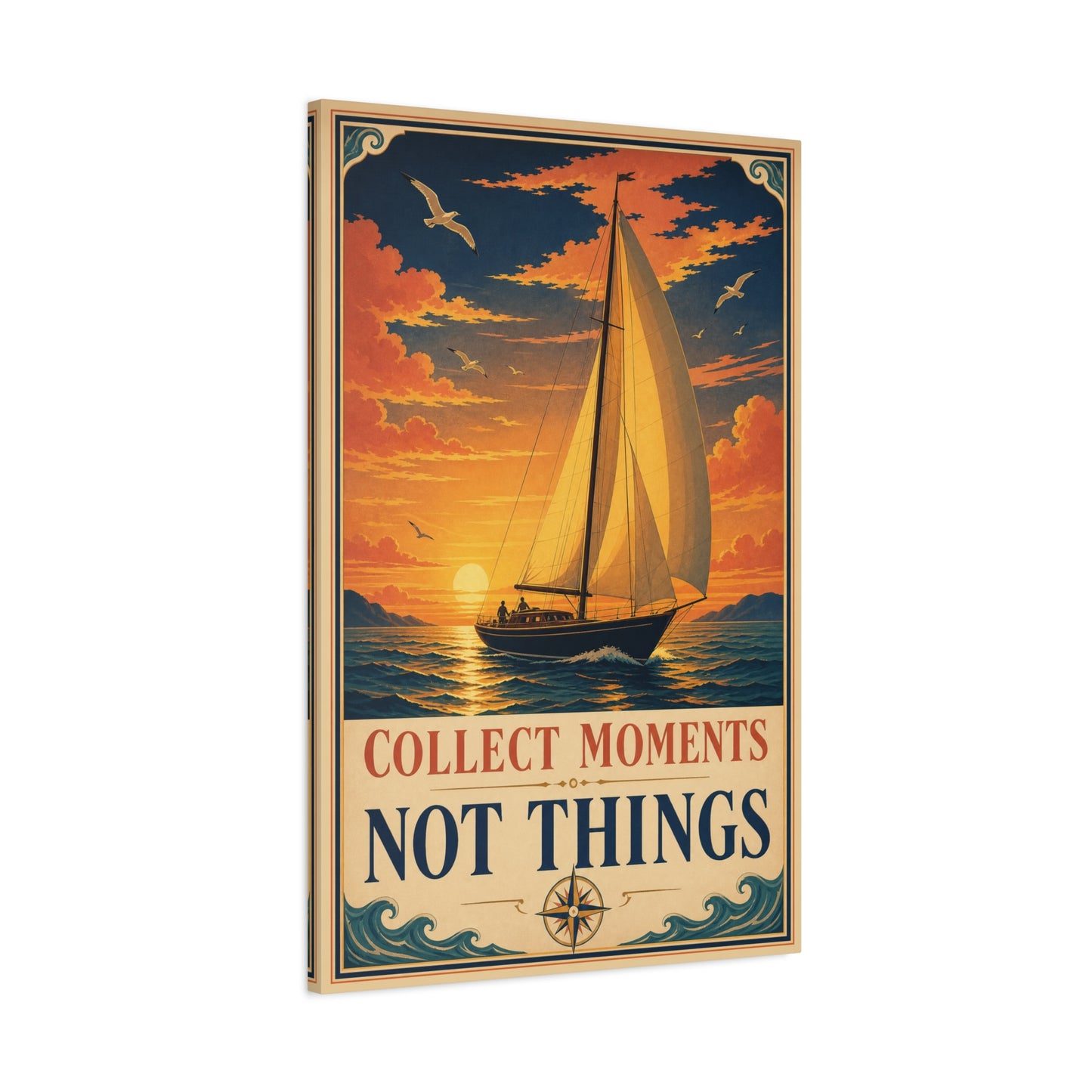 "Collect Moments Not Things" Sailboat Canvas Wall Art - Vintage Nautical Sunset Seascape, Inspirational Ocean Poster Style - Coastal Living Room Wall Decor, Bedroom Home Decoration - Ready to Hang