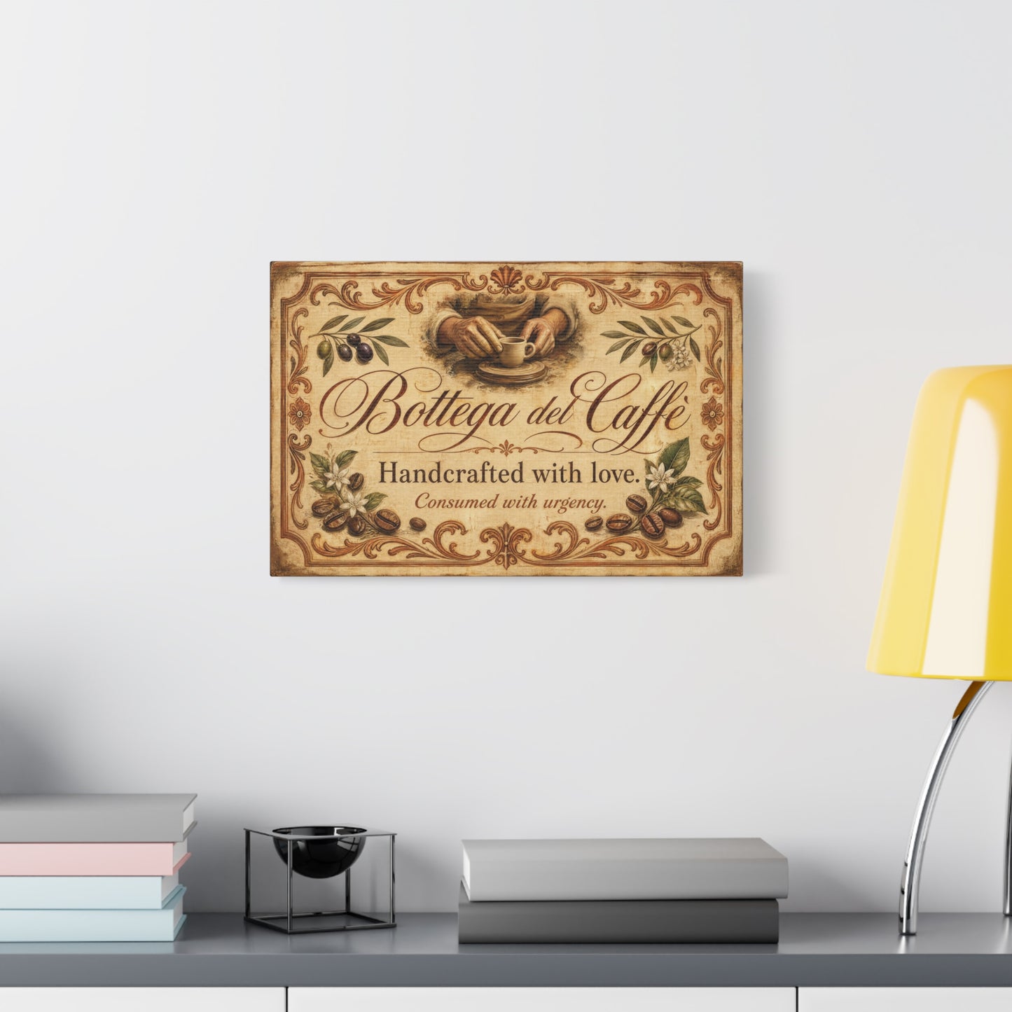 "Bottega del Caffe" Canvas Wall Art - Vintage Italian Coffee Quote Print, Olive Branches, Beans, Rustic Farmhouse Decor, Cafe Wall Hanging - Modern Farmhouse Style - Coffee Shop Decor - Ready to Hang