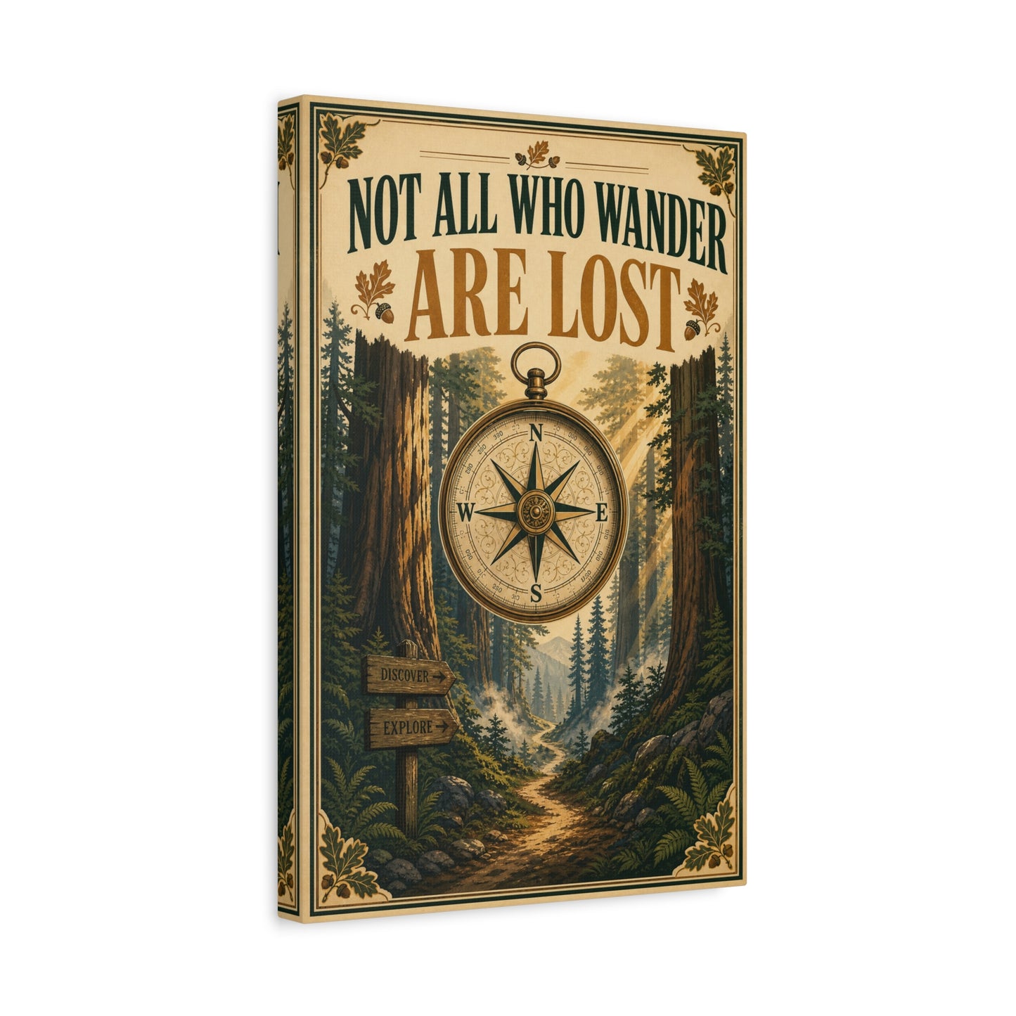 "Not All Who Wander Are Lost" Canvas Wall Art - Forest Compass Quote Print, Vintage Rustic Adventure Decor, Wanderlust Typography Poster Style, Living Room Bedroom Office - Living Room Wall Decor
