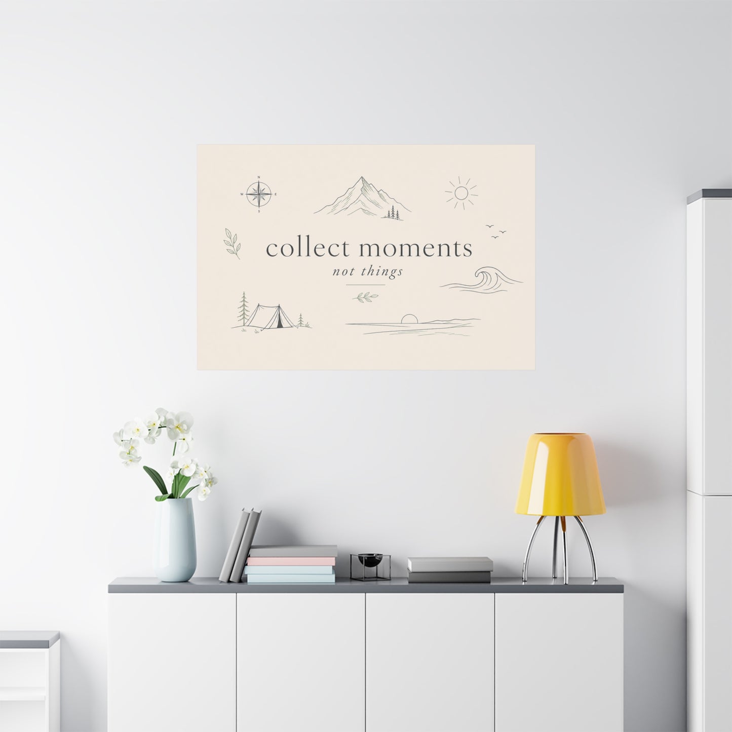 "Collect Moments Not Things" Minimalist Canvas Wall Art - Mountain, Compass, Wave Line Drawing - Neutral Typography Print - Boho Modern Wall Decor For Living Room, Bedroom, Office Accent