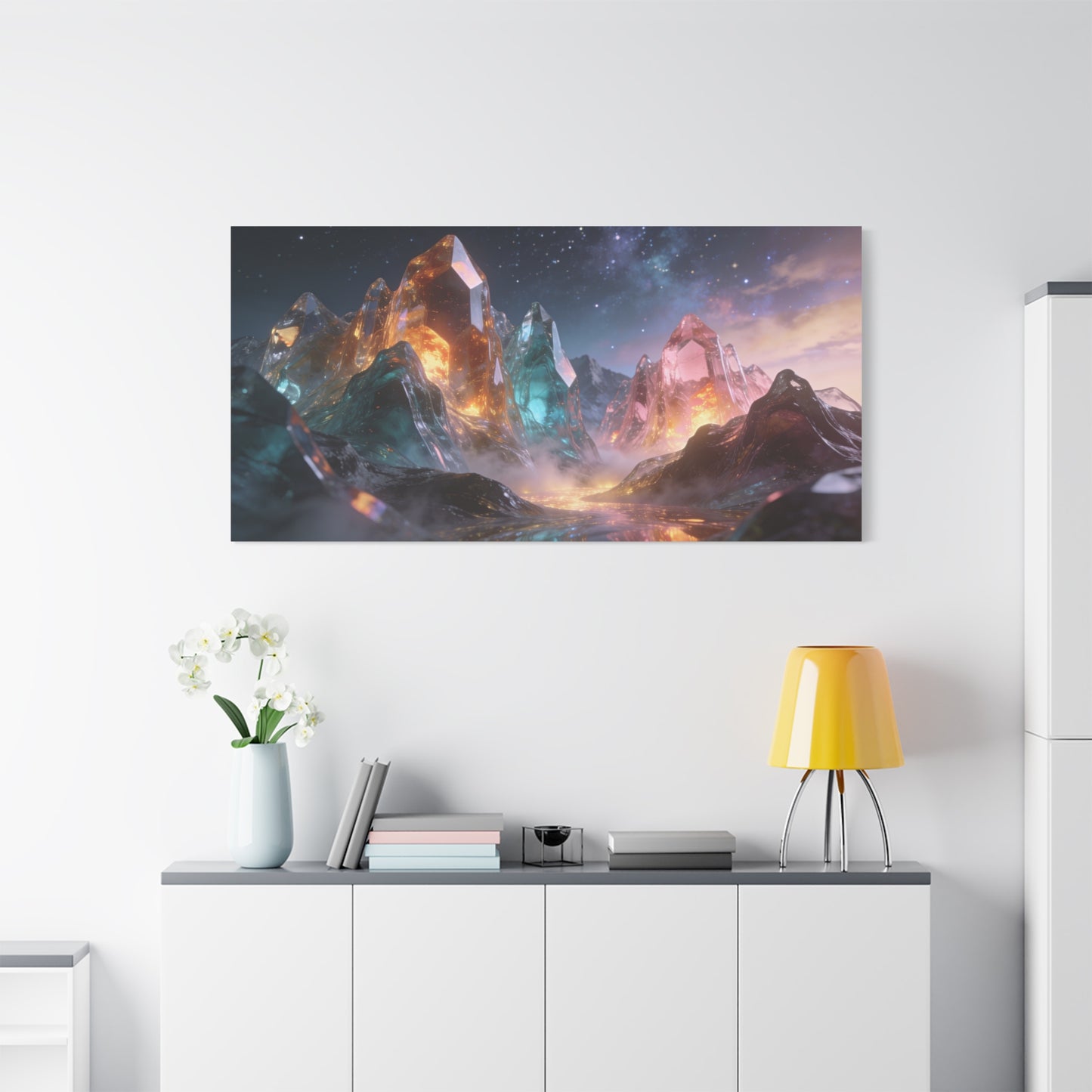 Crystal Mountain Canvas Wall Art - Surreal Glass Peaks, Luminous Cosmic Landscape - Matte Cotton Print, Contemporary Fantasy Style - Living Room Wall Decor, Bedroom Home Accent - Cozy Reading Nook Art