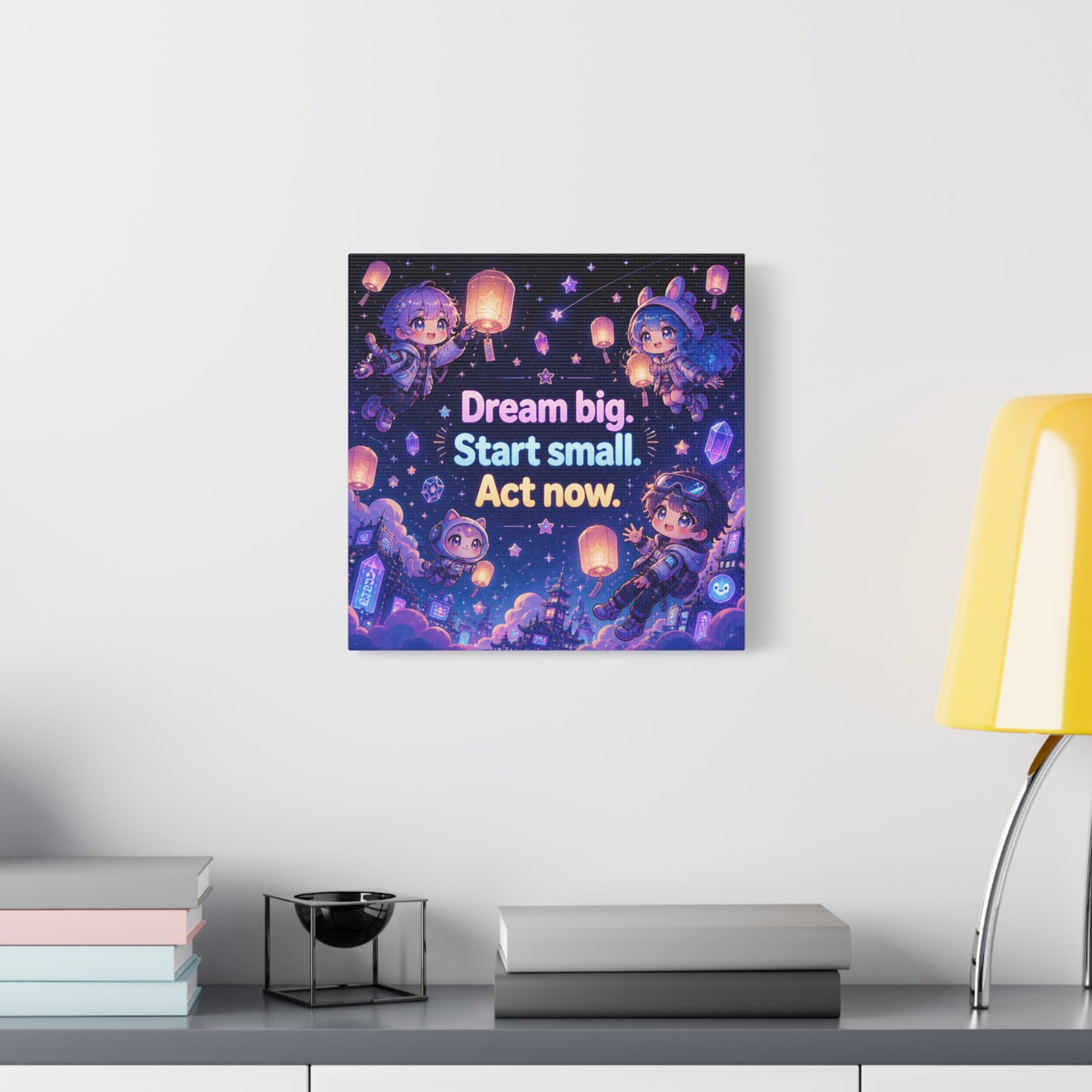 "Dream Big. Start Small. Act Now." Inspirational Canvas Wall Art - Kawaii Space Kids, Star Lantern Night Sky Quote Print - Neon Purple Blue Decor, Bedroom Home Decoration, Teen Room Accent