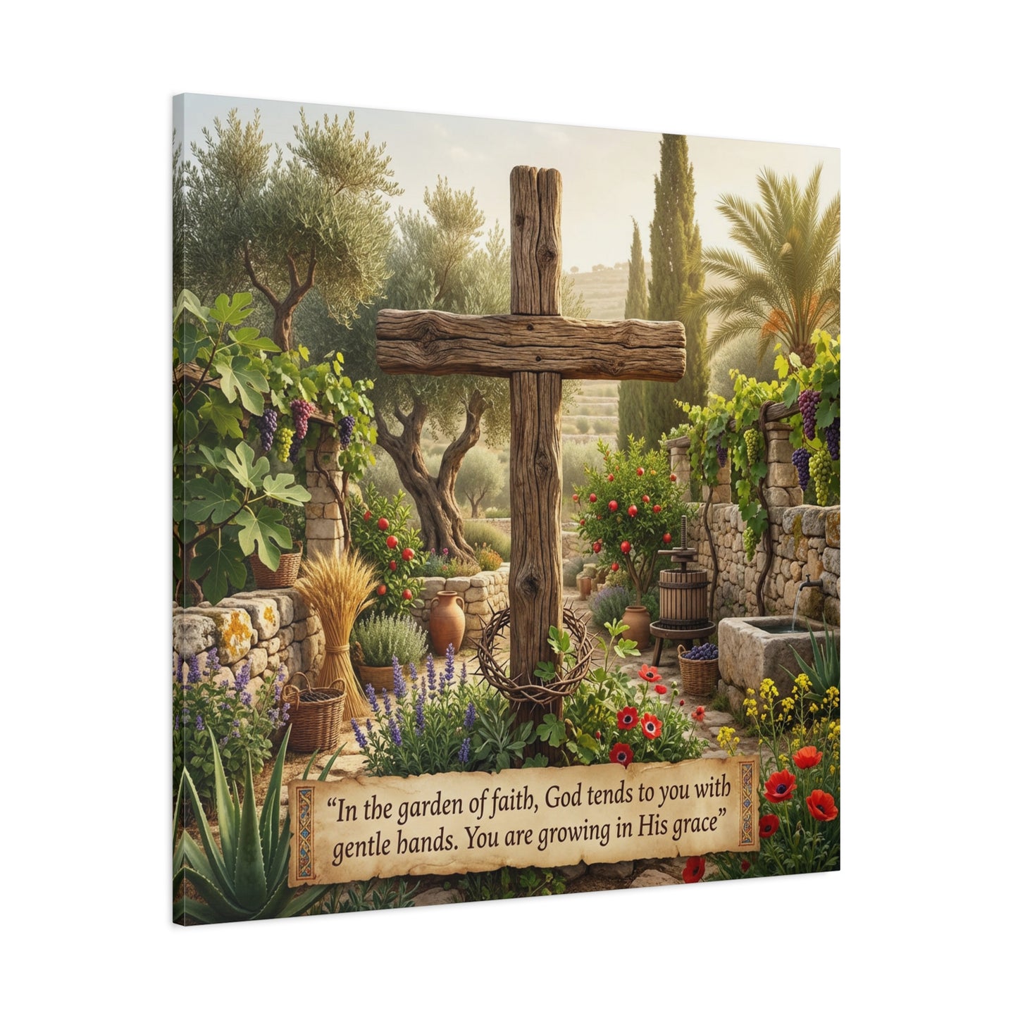 "In The Garden Of Faith, God Tends To You With Gentle Hands. You Are Growing In His Grace" Canvas Wall Art - Rustic Wooden Cross, Christian Garden Scene - Living Room Wall Decor - Ready to Hang