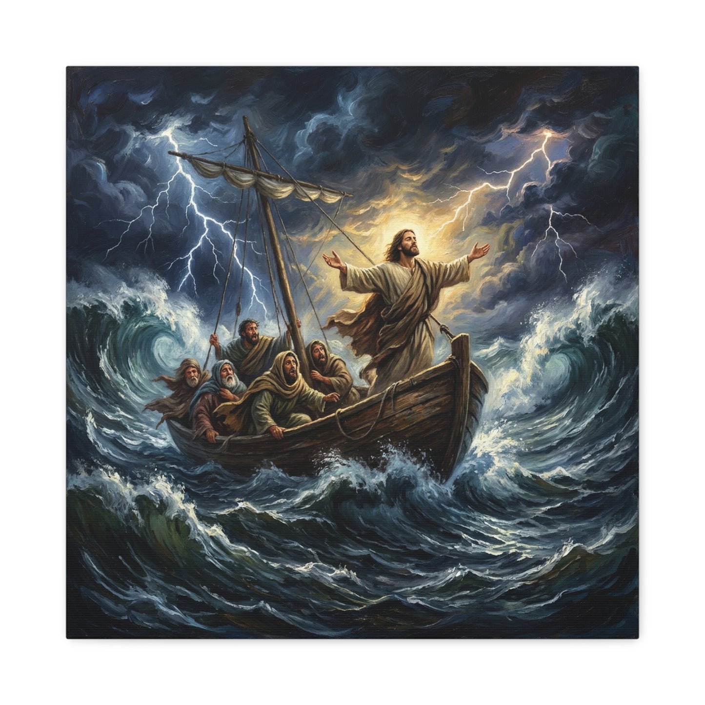 Jesus Calming The Storm Canvas Wall Art - Bible Boat Sea Scene, Dramatic Lightning Waves - Cotton Matte Print - Traditional Religious Decor For Living Room Office Bedroom - Living Room Wall Decor