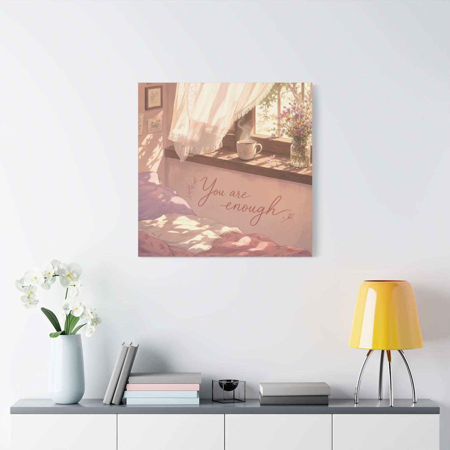 "You Are Enough" Inspirational Canvas Wall Art - Sunlit Bedroom Window Flowers, Cozy Pink Cottagecore Decor - Matte Affirmation Print - Bedroom Home Decoration, Teen Room Accent - Office Wall Art