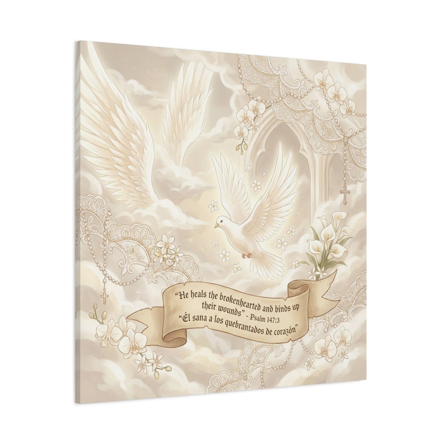 "He Heals The Brokenhearted And Binds Up Their Wounds" Canvas Wall Art - Dove, Cross, Psalm 147:3 Scripture Print - Beige Floral Christian Decor - Bedroom Living Room Home Decoration - Office Wall Art