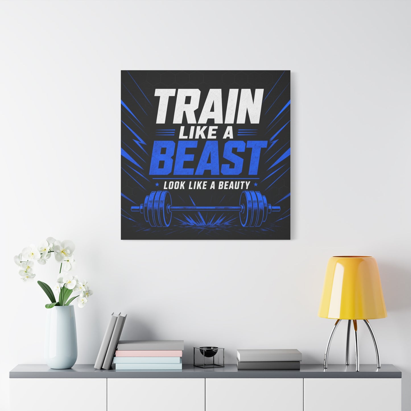 "Train Like A Beast Look Like A Beauty" Gym Canvas Wall Art - Blue Black Barbell Typography Motivational Fitness Decor - Modern Sports Quote Print - Ready to Hang - Living Room Wall Decor