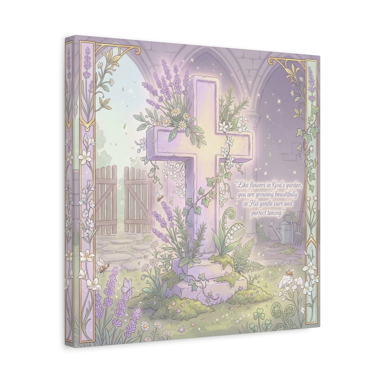 "Like Flowers In God's Garden, You Are Growing Beautifully" Christian Canvas Wall Art - Floral Cross Scripture Decor - Lavender Garden Illustration - Bedroom Home Decoration, Living Room Accent