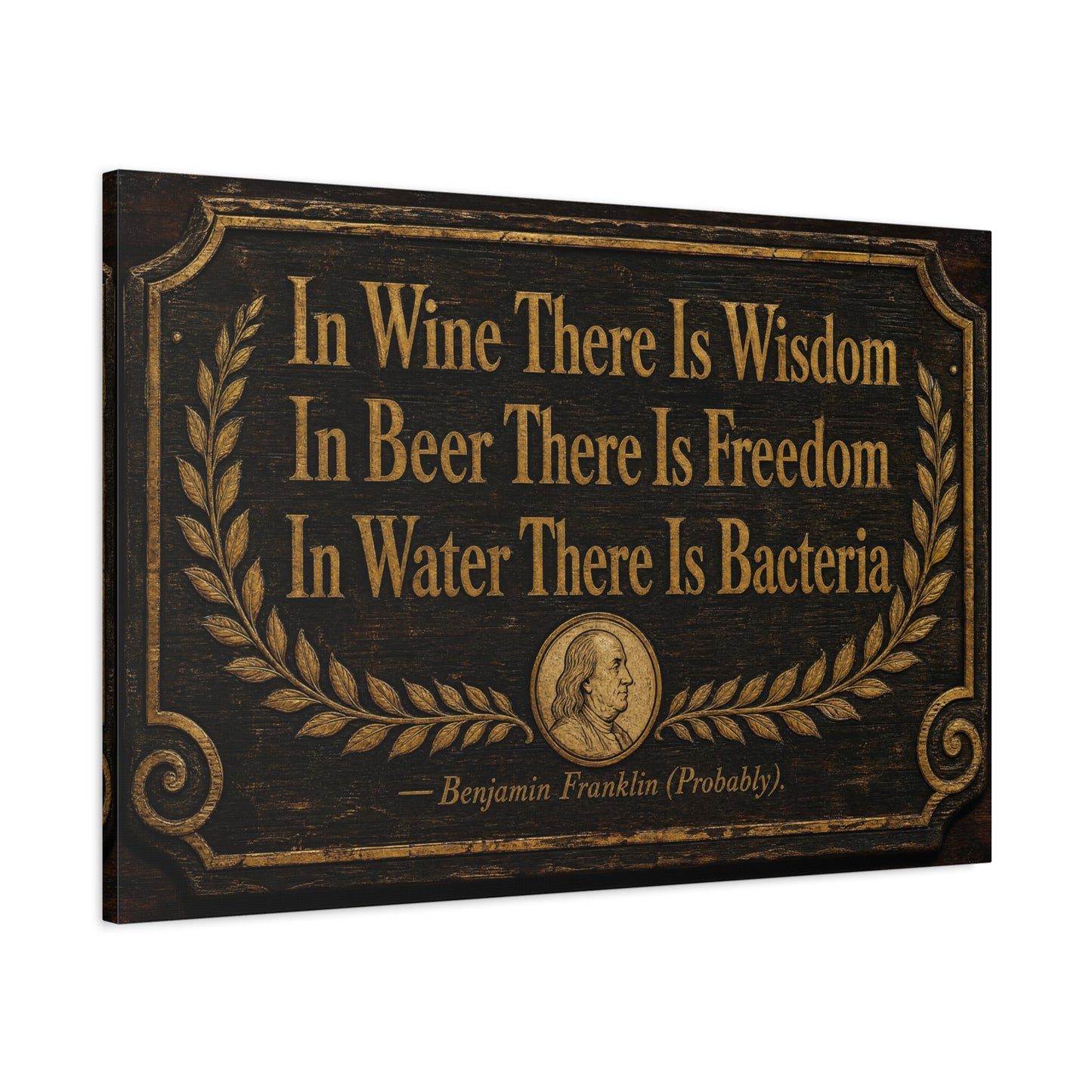 "In Wine There Is Wisdom In Beer There Is Freedom" Canvas Wall Art - Vintage Bar Quote Print, Rustic Tavern Style, Brown Gold Typography Decor, Home Bar - Office Wall Art - Cocktail Lounge Decor
