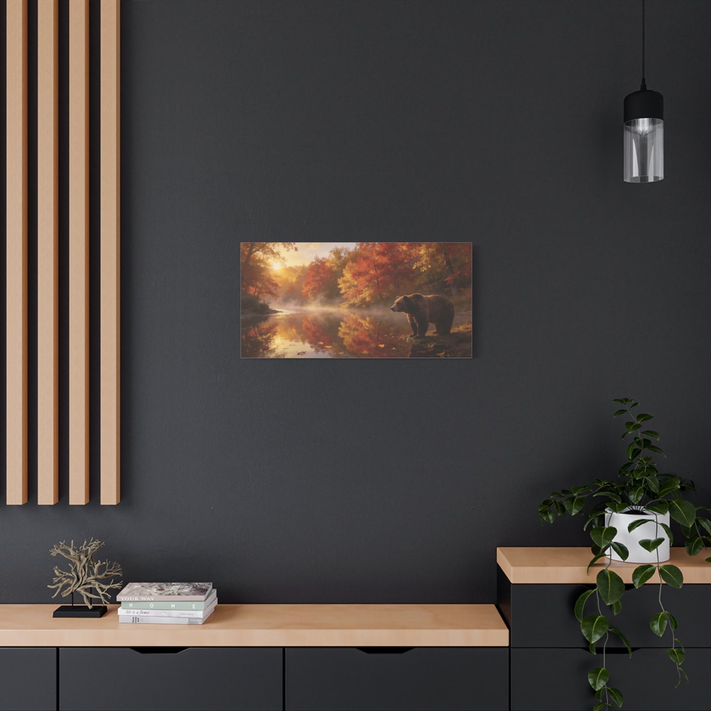 Brown Bear Canvas Wall Art - Autumn Forest River Sunrise Wildlife Print, Golden Mist Reflection, Matte Canvas Print, Rustic Lodge Style, Living Room Wall Decor Office Art - Bedroom Home Decoration