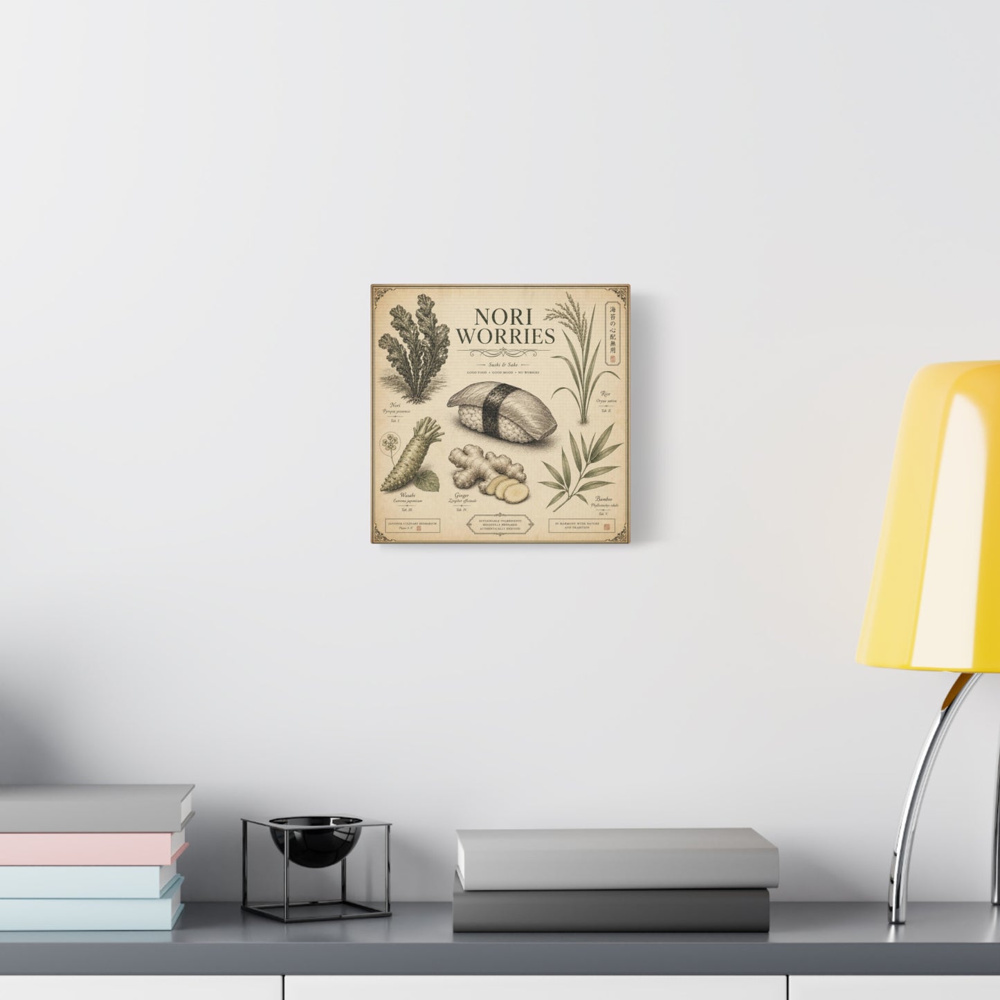 "Nori Worries" Sushi And Sake Canvas Wall Art - Vintage Japanese Culinary Herbarium Print, Rice Nori Wasabi Ginger Bamboo Illustration - Kitchen Wall Decor, Dining Room Accent - Modern Farmhouse Style