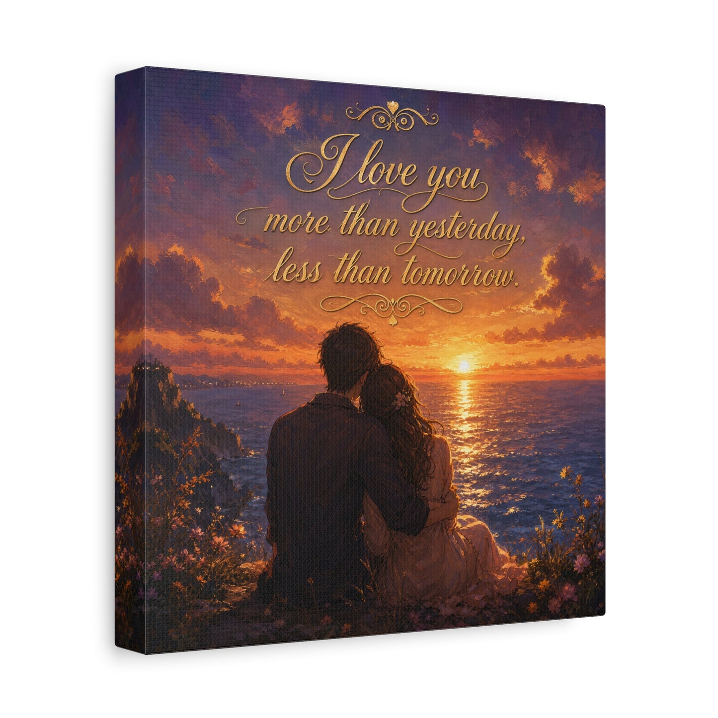 "I Love You More Than Yesterday, Less Than Tomorrow." Love Quote Canvas Wall Art - Romantic Sunset Ocean Couple Silhouette - Gold Script Seascape - Bedroom Wall Decor - Ready to Hang - Ready to Hang