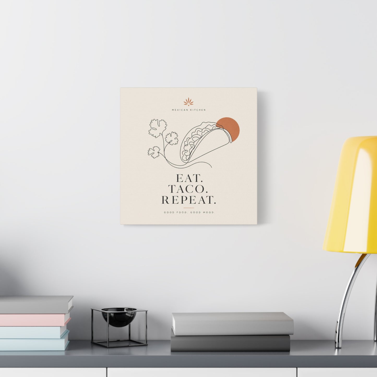 "Eat. Taco. Repeat." Mexican Kitchen Canvas Wall Art - Minimalist Taco Line Illustration, Terracotta Sun, Typography Print - Modern Kitchen Decor, Cafe Wall Decor, Dining Room Accent - Ready to Hang
