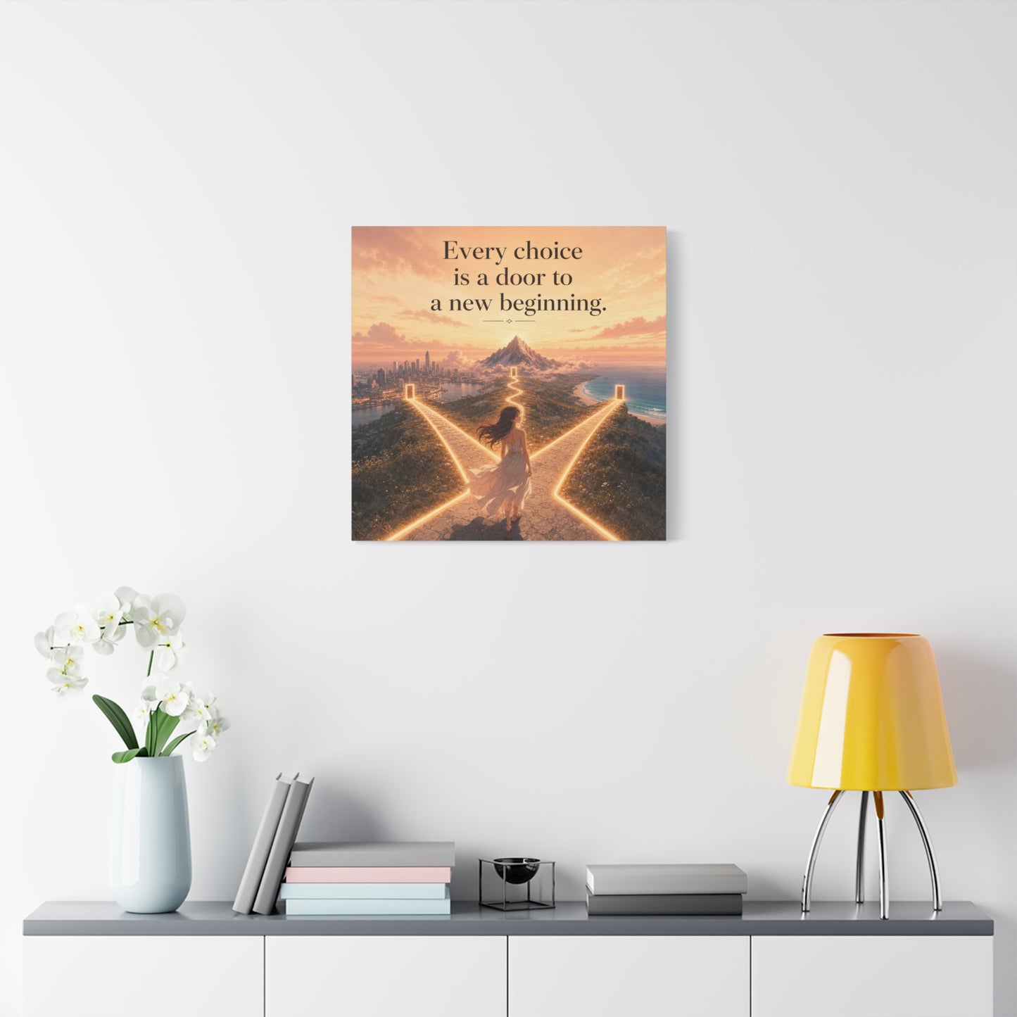 "Every Choice Is A Door To A New Beginning." Inspirational Canvas Wall Art - Woman At Glowing Crossroads Path, Mountain And Coast Dreamscape - Modern Typography Decor For Bedroom Office