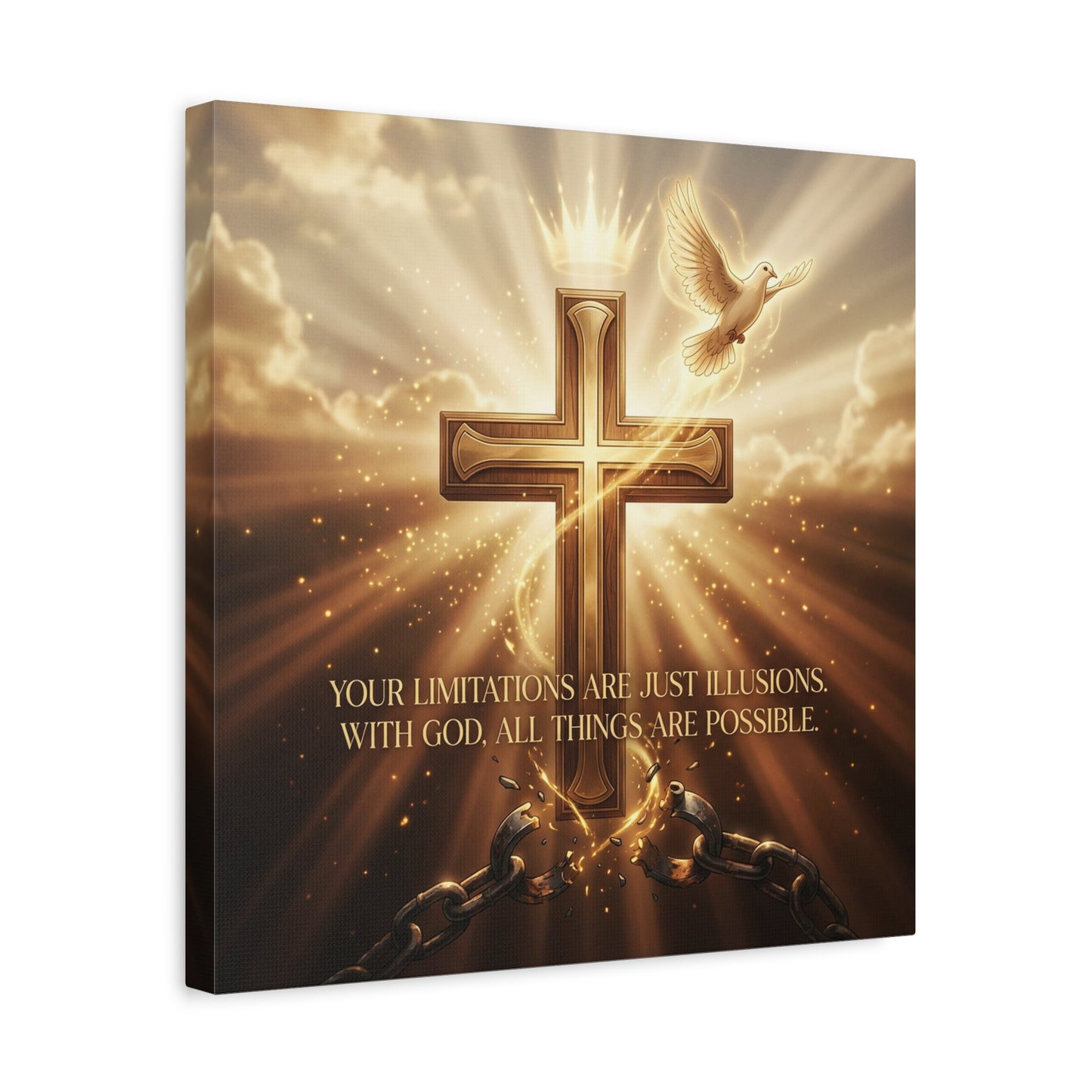 "Your Limitations Are Just Illusions. With God, All Things Are Possible." Christian Canvas Wall Art - Glowing Cross, White Dove, Crown, Broken Chains - Gold Religious Wall Decor For Living Room