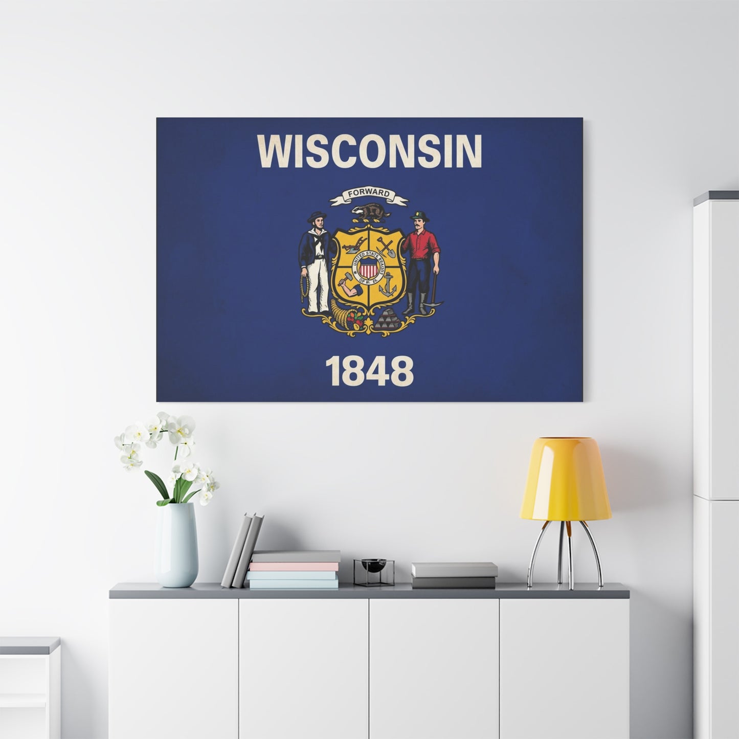 "Wisconsin" 1848 State Flag Canvas Wall Art - Wisconsin Pride Decor, Vintage Typography Banner Print - Patriotic Blue Wall Decor - Living Room Home Decoration - Ready to Hang - Bedroom Home Decoration