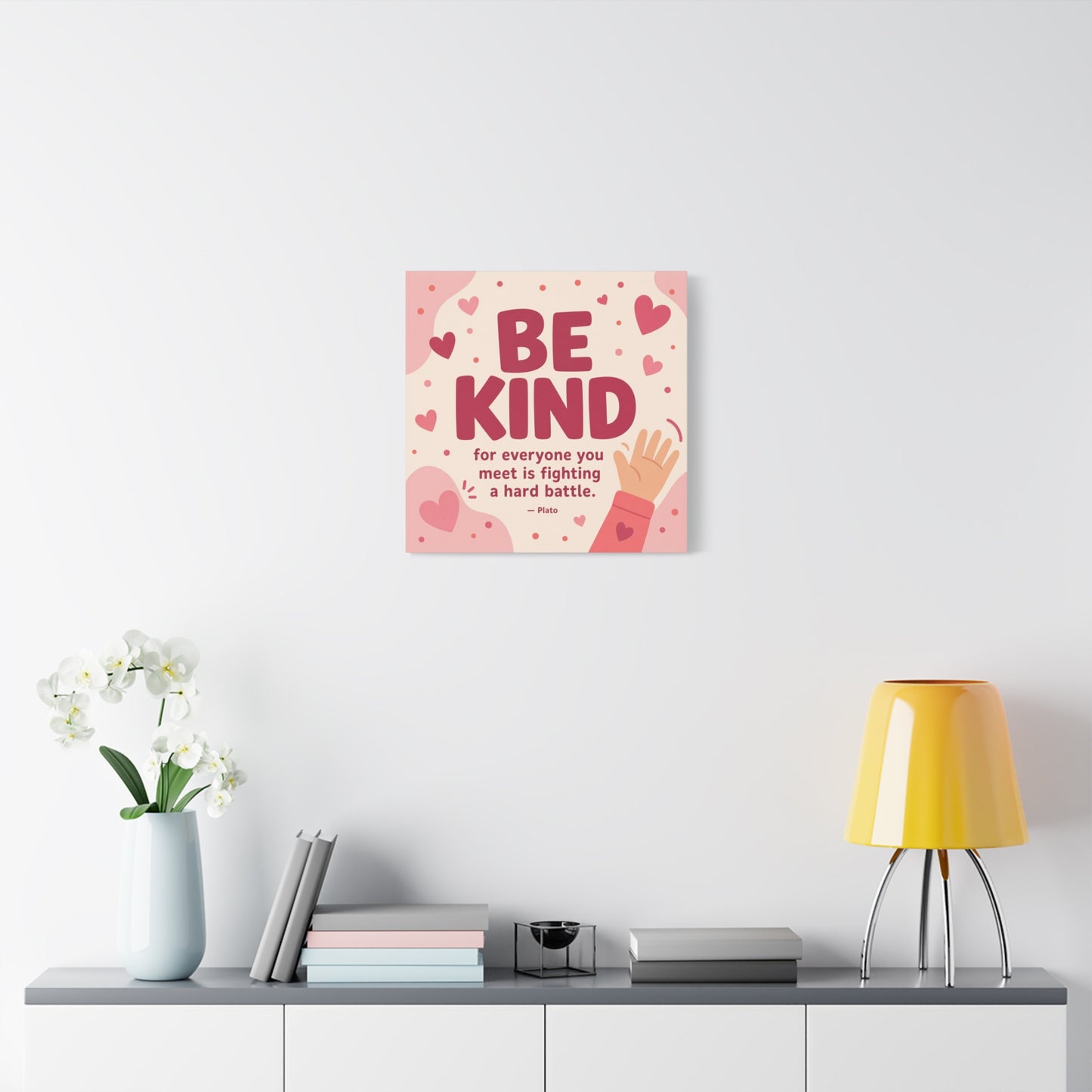 "Be Kind For Everyone You Meet Is Fighting A Hard Battle. - Plato" Canvas Wall Art - Pink Heart Typography Print - Inspirational Bedroom Decor - Modern Nursery Wall Hanging - Bedroom Home Decoration