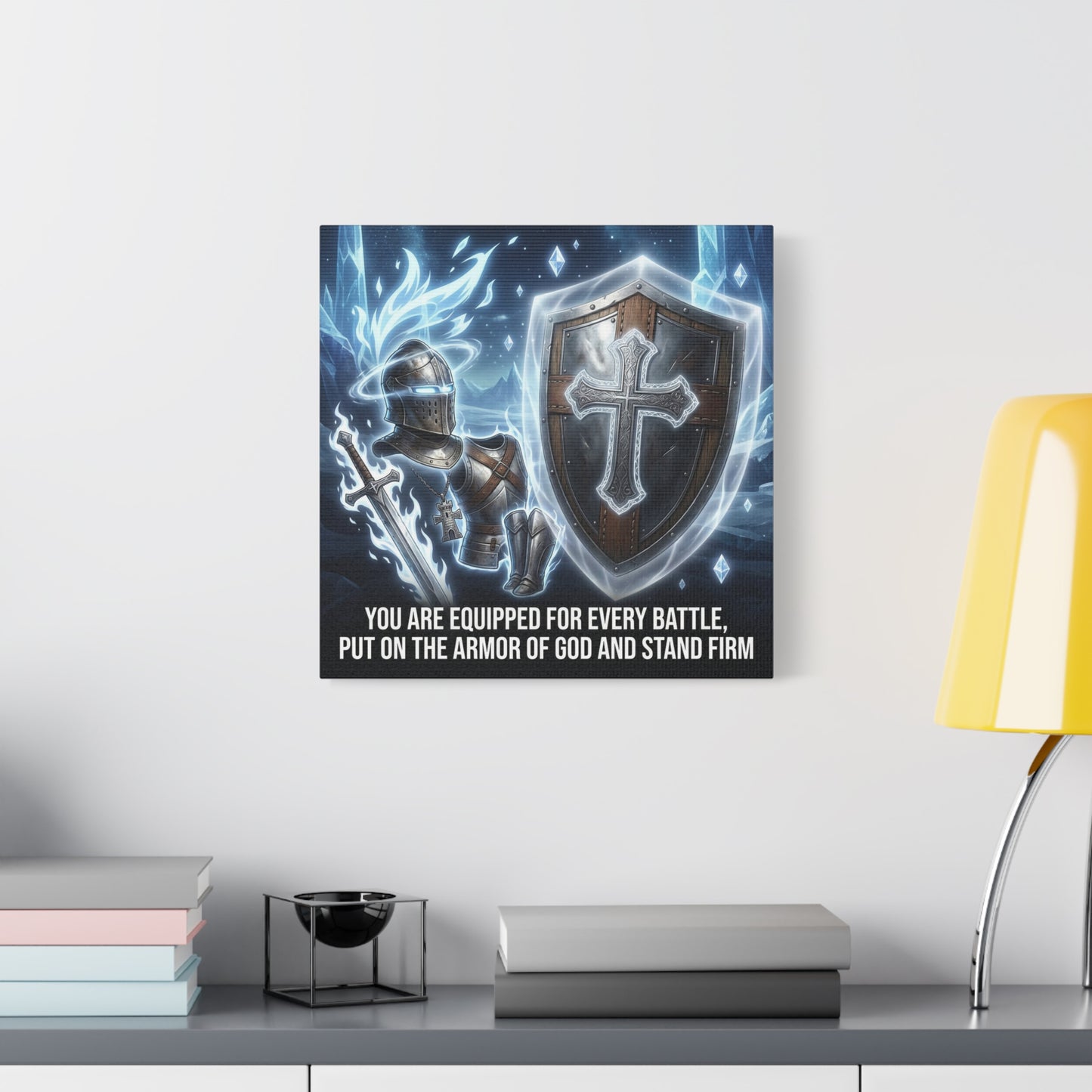 "You Are Equipped For Every Battle, Put On The Armor Of God And Stand Firm" Christian Canvas Wall Art - Knight Armor, Cross Shield, Scripture Decor - Blue Fantasy Style - Living Room - Office Wall Art