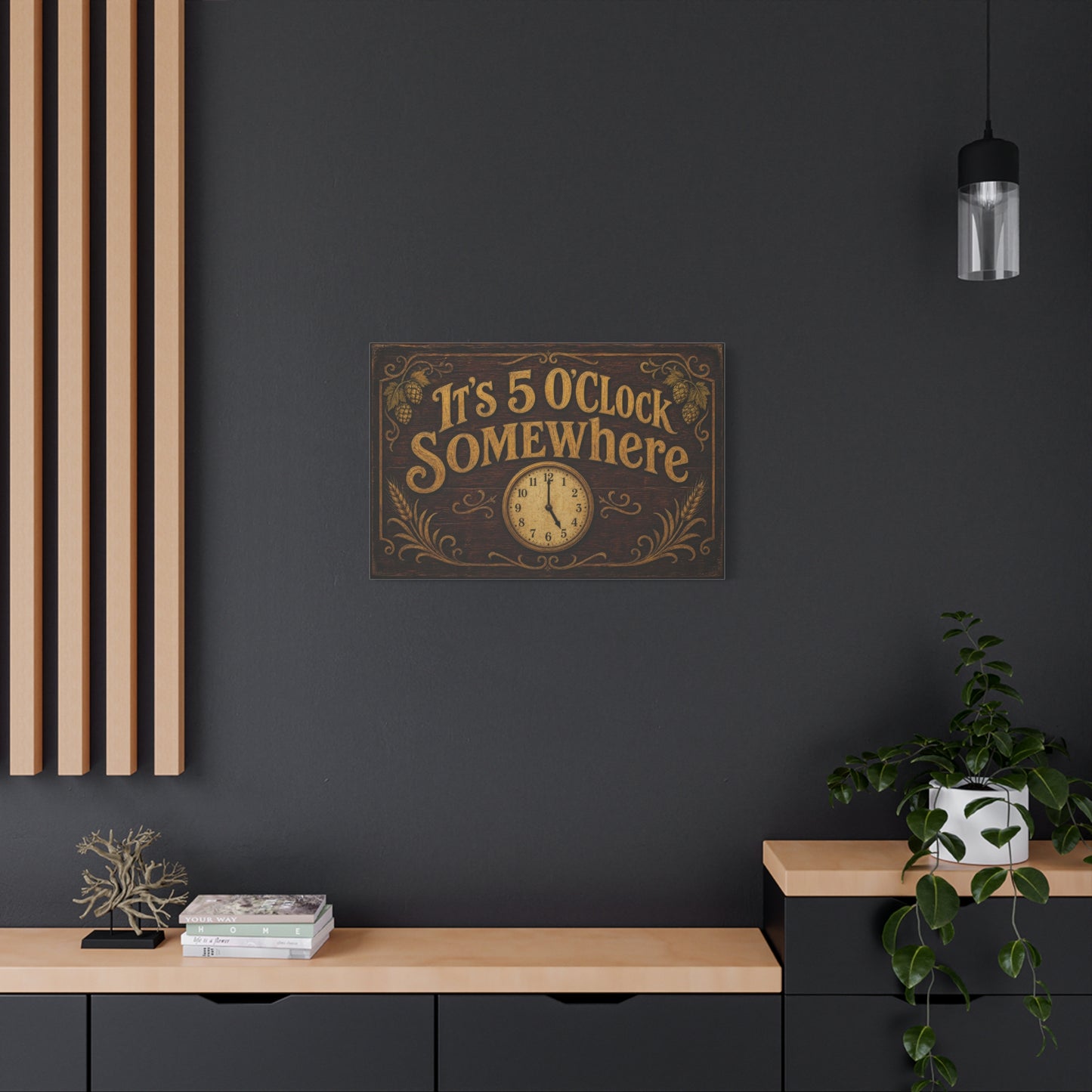 "It's 5 O'Clock Somewhere" Canvas Wall Art - Rustic Bar Sign, Vintage Clock Typography - Farmhouse Pub Decor, Brown Gold - Pub Wall Art - Cocktail Lounge Decor - Speakeasy Style Sign - Ready to Hang