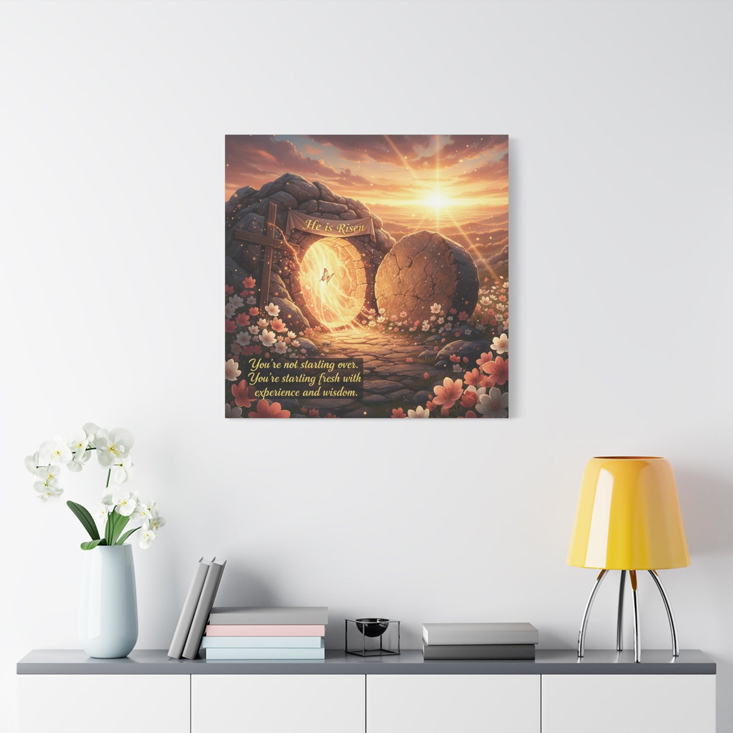 "He Is Risen" Christian Canvas Wall Art - Empty Tomb Cross Sunrise Scripture Print - Floral Faith Home Decoration - Modern Farmhouse Style