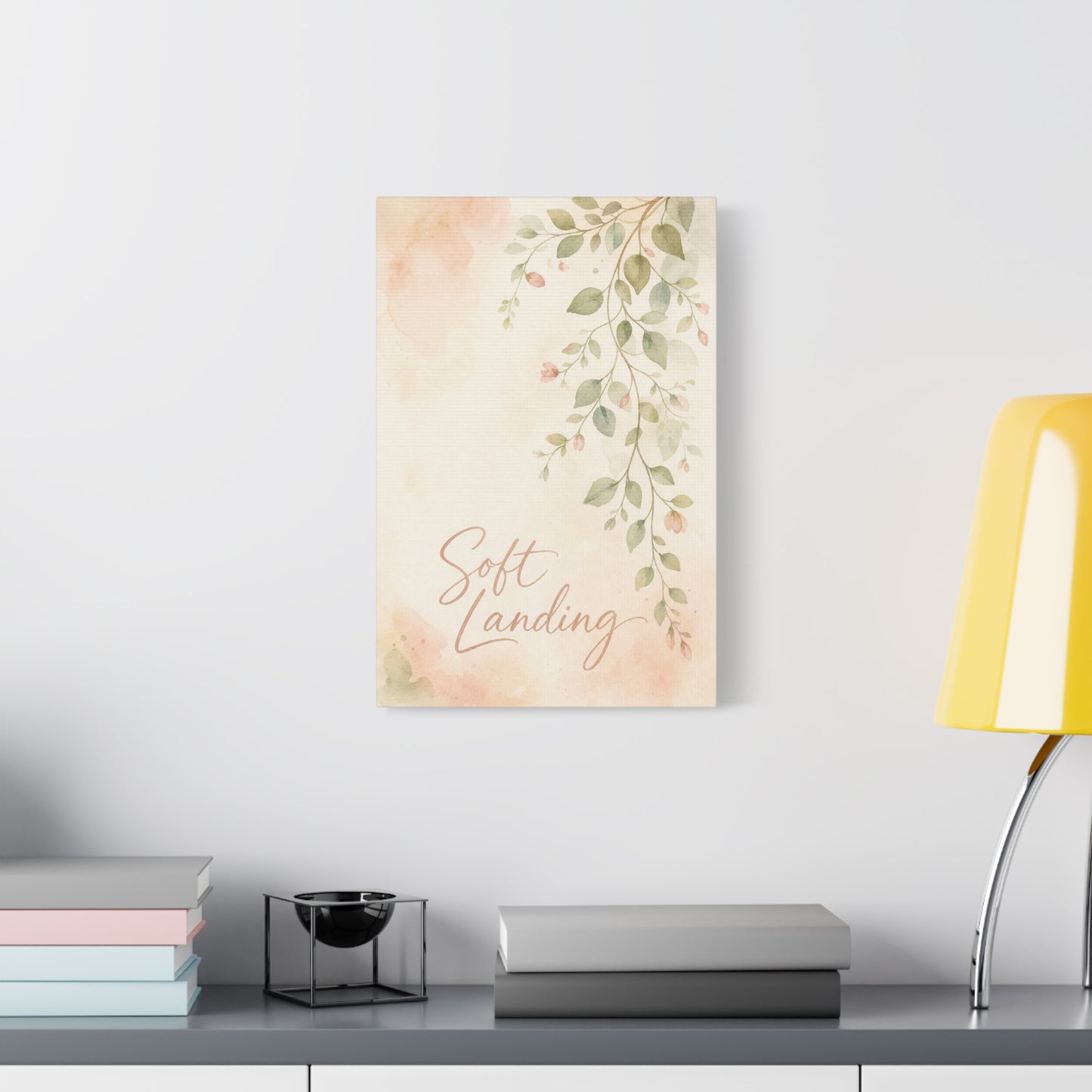 "Soft Landing" Botanical Canvas Wall Art - Watercolor Leaf Branch Quote Print - Blush Sage Floral Typography Decor - Bedroom Wall Hanging - Bedroom Home Decoration - Modern Farmhouse Style