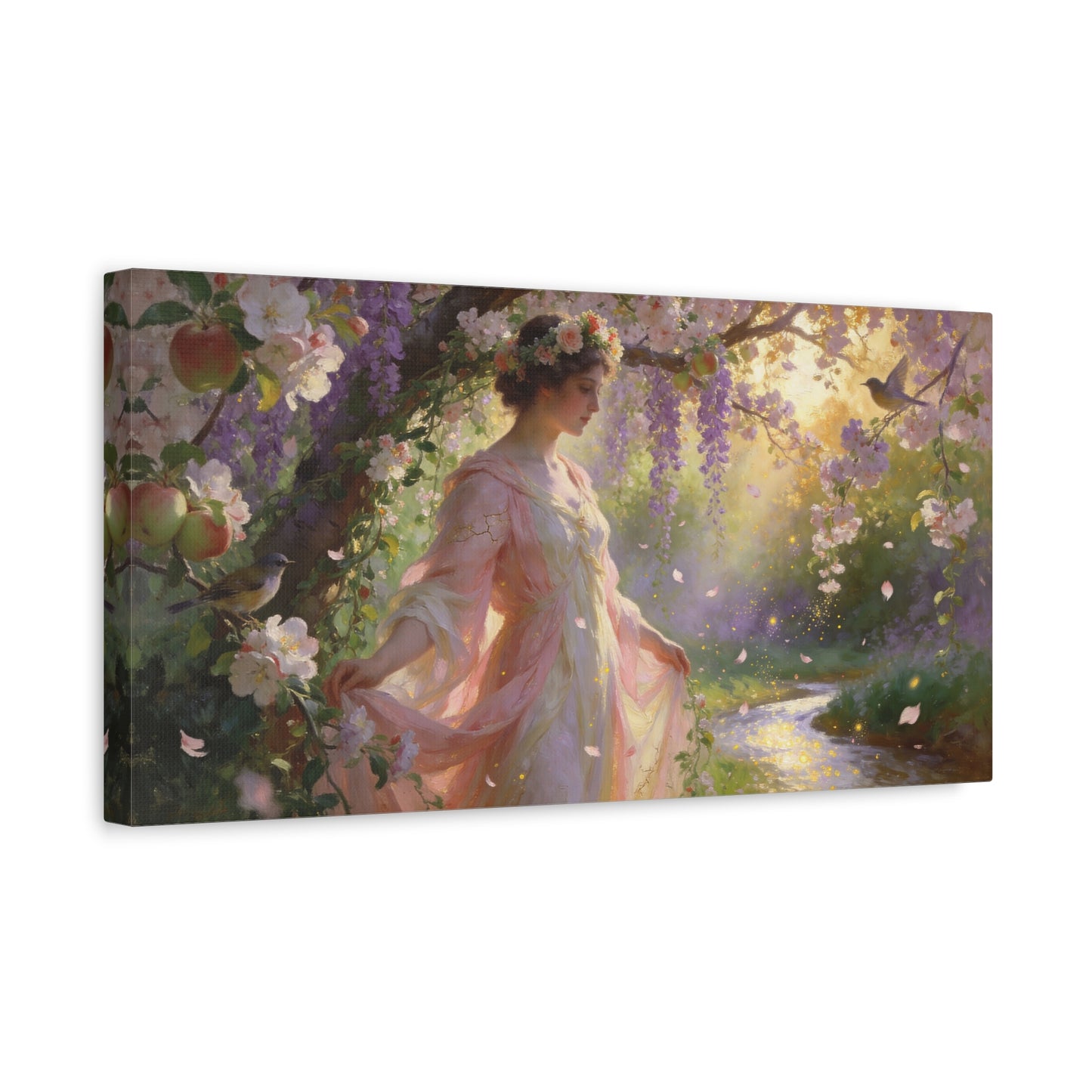 Romantic Garden Maiden Canvas Wall Art - Floral Orchard Figure, Wisteria Blossoms, Songbirds - Impressionist Cotton Canvas Print - Vintage Style Living Room Wall Decor Bedroom Accent - Ready to Hang
