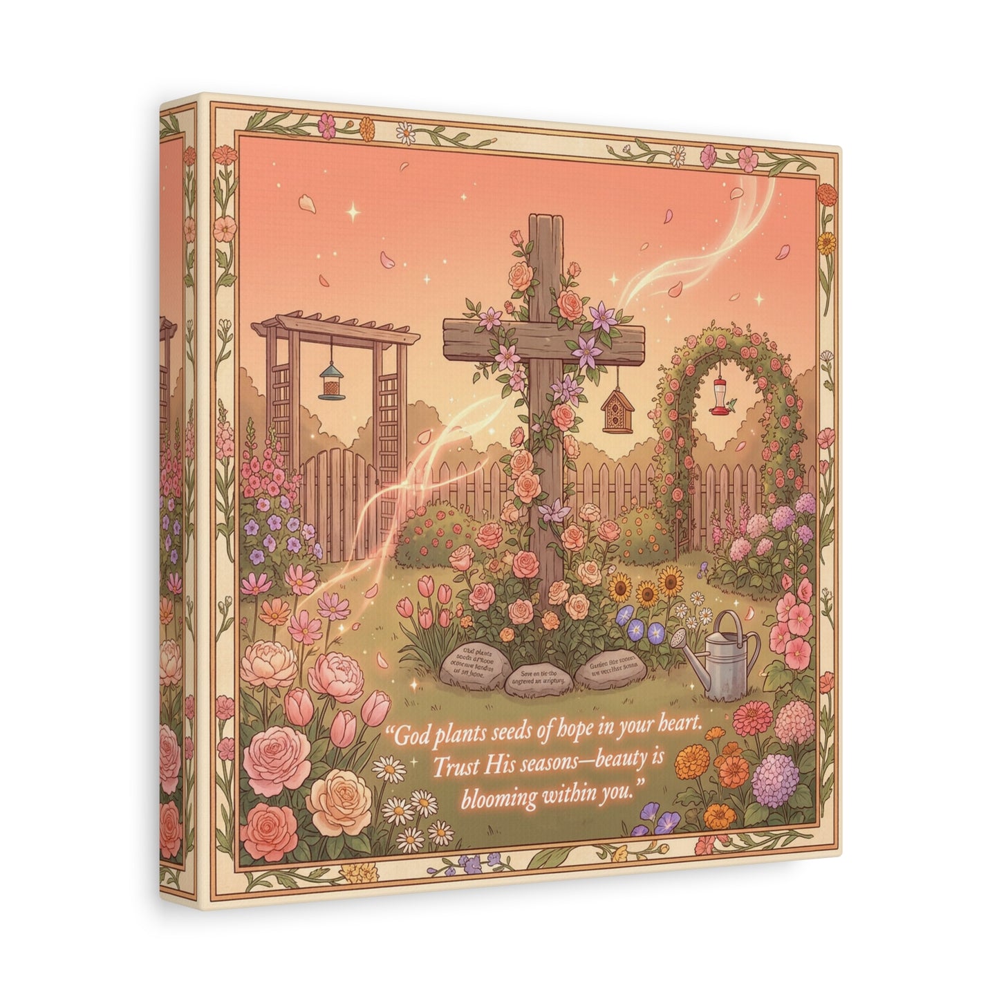 "God Plants Seeds Of Hope In Your Heart" Christian Canvas Wall Art - Floral Cross Garden Scripture Print, Matte Cotton Decor - Inspirational Bedroom Home Decoration, Living Room Accent - Ready to Hang