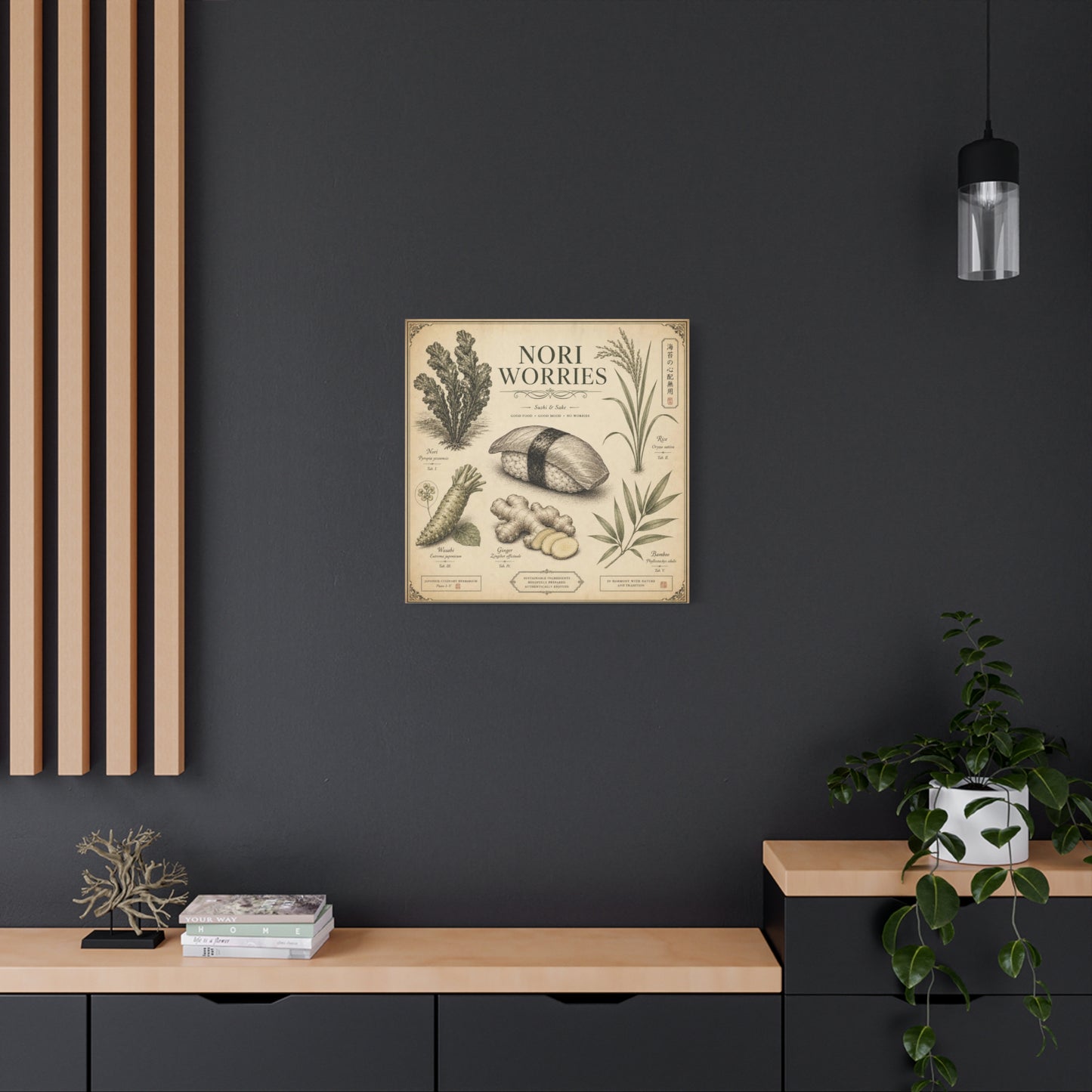 "Nori Worries" Sushi And Sake Canvas Wall Art - Vintage Japanese Culinary Herbarium Print, Rice Nori Wasabi Ginger Bamboo Illustration - Kitchen Wall Decor, Dining Room Accent - Modern Farmhouse Style