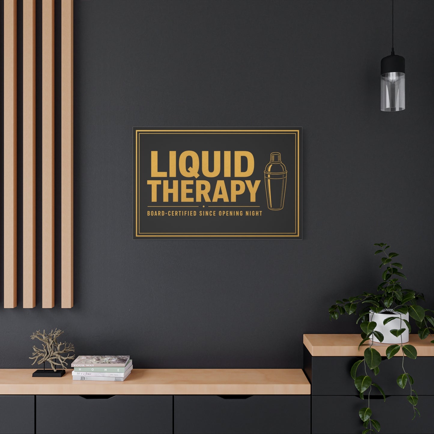"Liquid Therapy" Cocktail Canvas Wall Art - Board-Certified Since Opening Night Bar Quote Print, Black And Gold Typography, Modern Lounge Decor - Pub Wall Art - Cocktail Lounge Decor - Ready to Hang