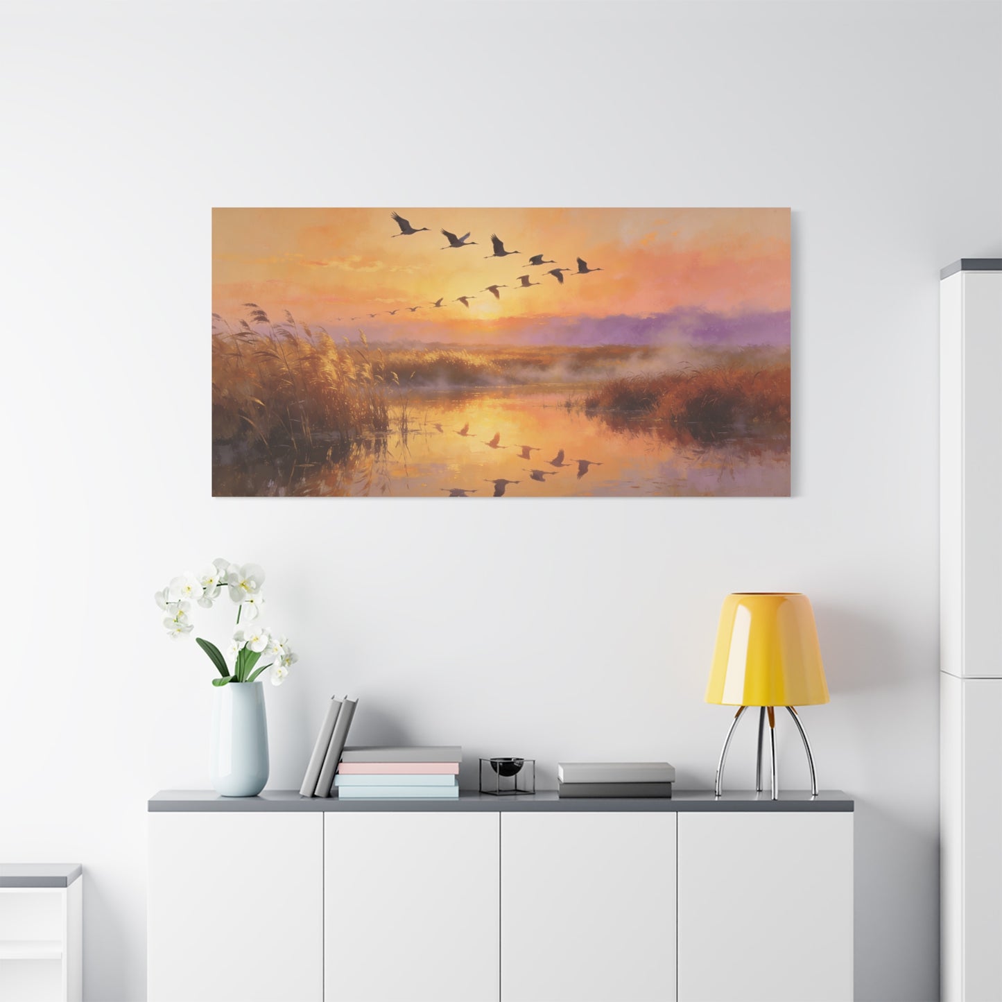Flying Cranes Sunset Canvas Wall Art - Marsh Landscape Bird Painting, Golden Reeds Reflection, Matte Canvas Print - Traditional Style - Living Room Wall Decor Bedroom Decoration - Ready to Hang