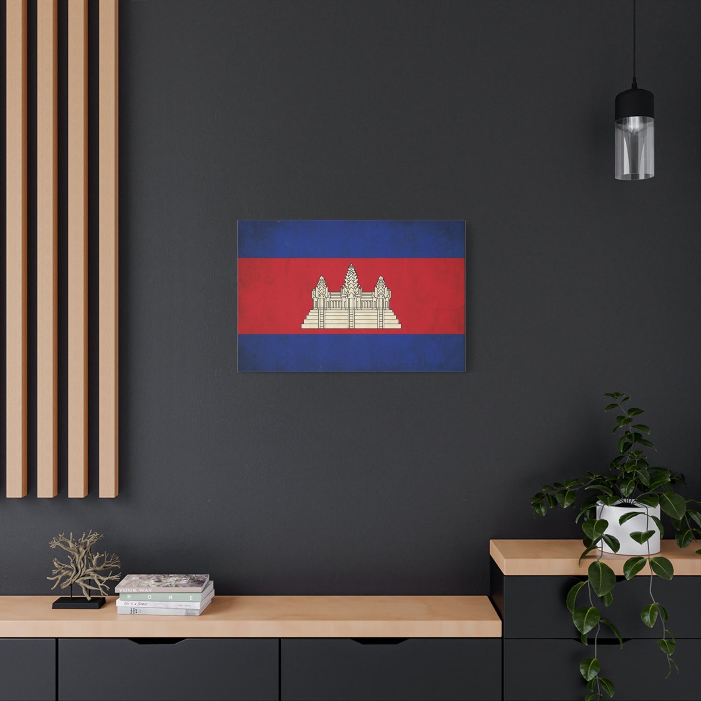 Cambodia Flag Canvas Wall Art - Khmer Temple Emblem Patriotic Print, Vintage National Decor - Textured Red Blue Banner Style - Living Room Wall Decor - Bedroom Home Decoration - Modern Farmhouse Style
