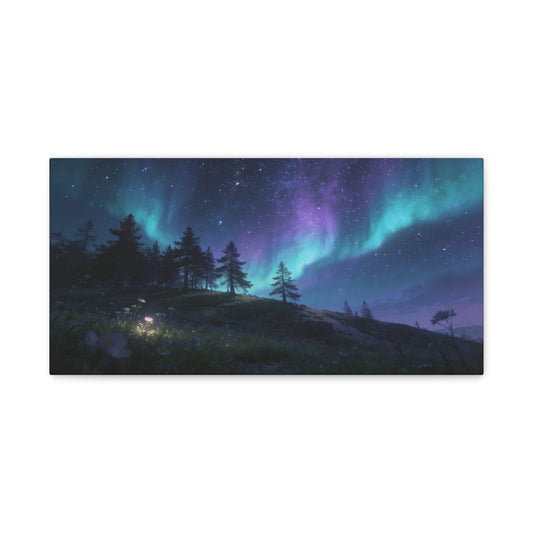 Northern Lights Canvas Wall Art - Aurora Borealis Night Sky Landscape Print, Starry Forest Meadow, Calming Contemporary Decor - Living Room Wall Decor, Bedroom Home Decoration - Modern Farmhouse Style