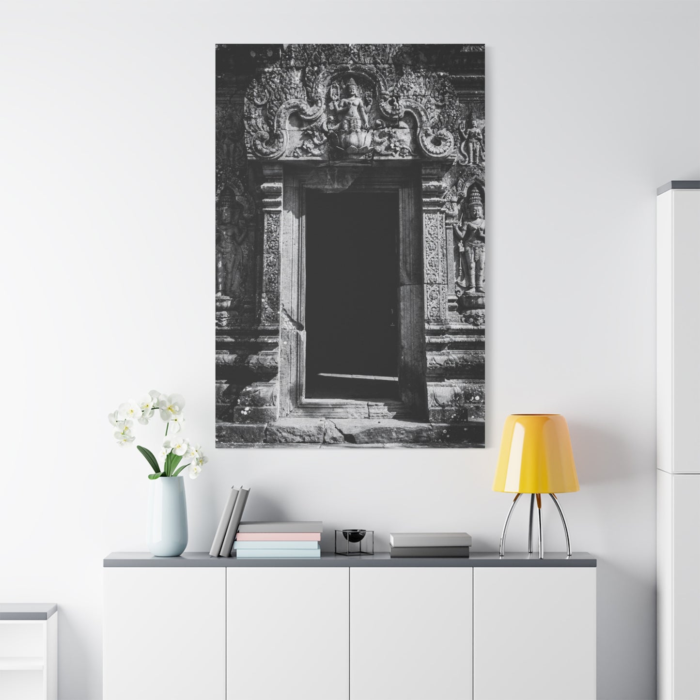 Buddhist Temple Doorway Canvas Wall Art - Black And White Stone Carving, Religious Architecture Print, Traditional Monochrome Decor - Living Room Wall Decor, Office Art - Bedroom Home Decoration