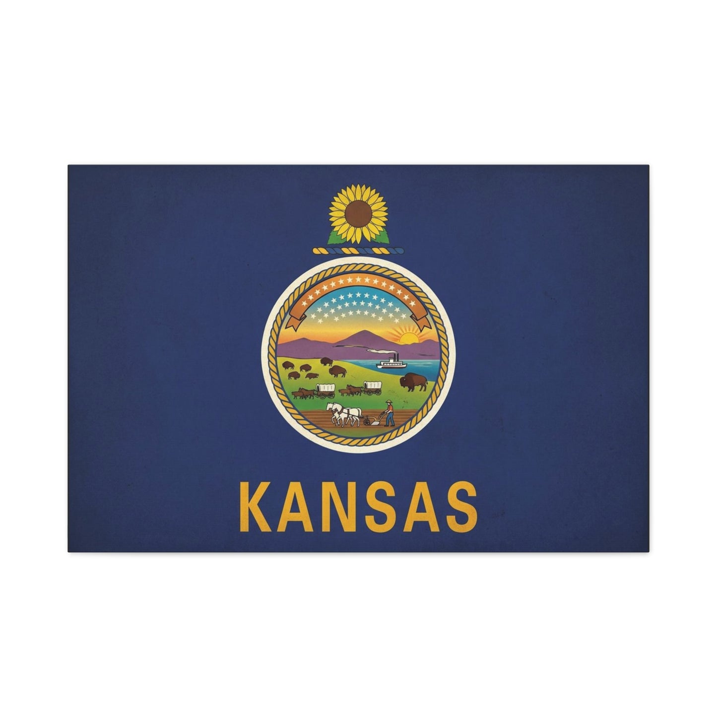 Kansas State Flag Canvas Wall Art - Sunflower Seal Prairie Buffalo Wagon Sunset Print - Vintage Blue Typography Decor - Living Room Wall Decor, Office Art, Dorm Accent - Bedroom Home Decoration