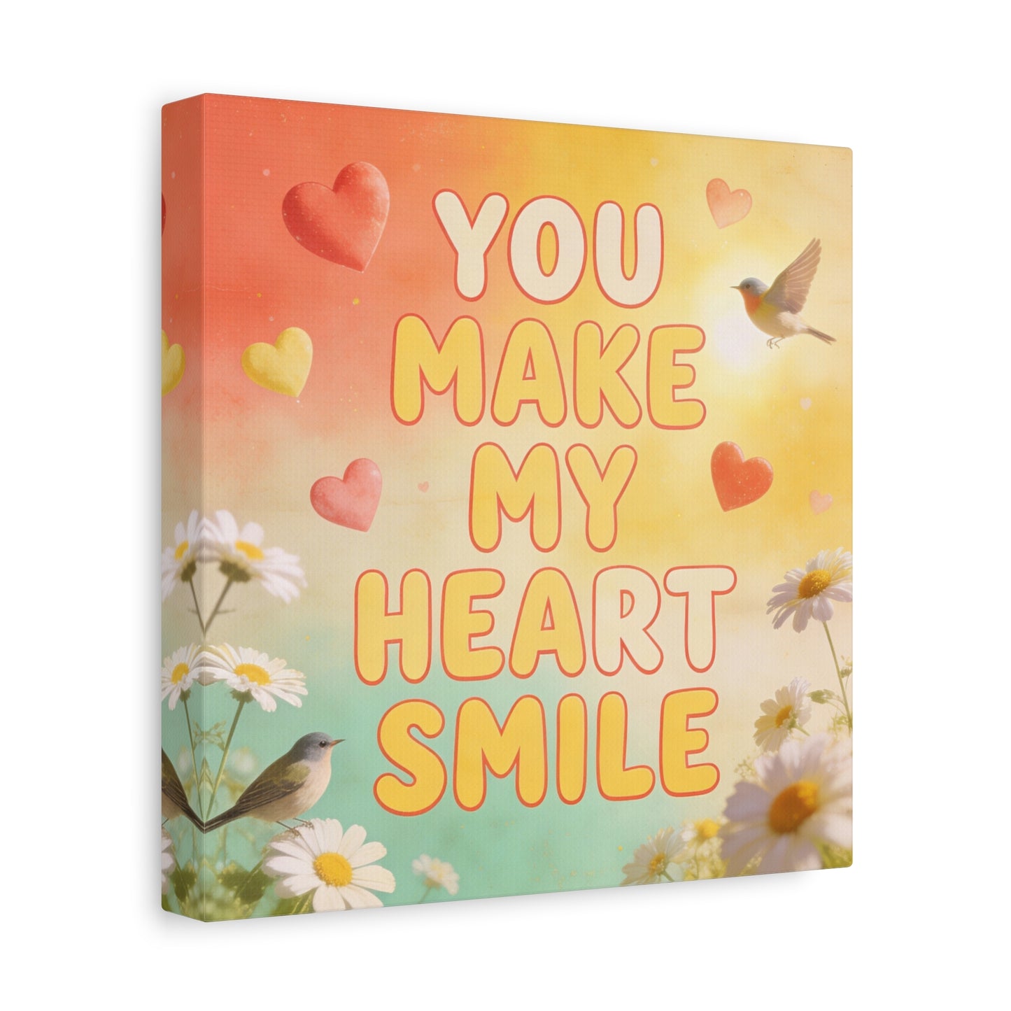"You Make My Heart Smile" Inspirational Canvas Wall Art - Daisy And Songbird Quote Print, Pastel Typography Decor, Cheerful Bedroom Wall Hanging, Nursery Home Accent - Bedroom Home Decoration