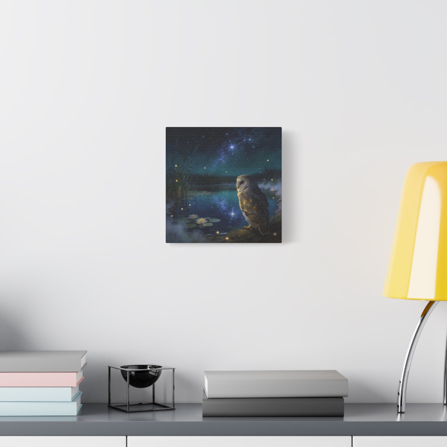Barn Owl Canvas Wall Art - Moonlit Pond, Fireflies, Water Lilies, Starry Night Sky - Dreamy Wildlife Painting - Matte Finish Canvas Print - Bedroom Wall Decor, Nursery Accent - Bedroom Home Decoration